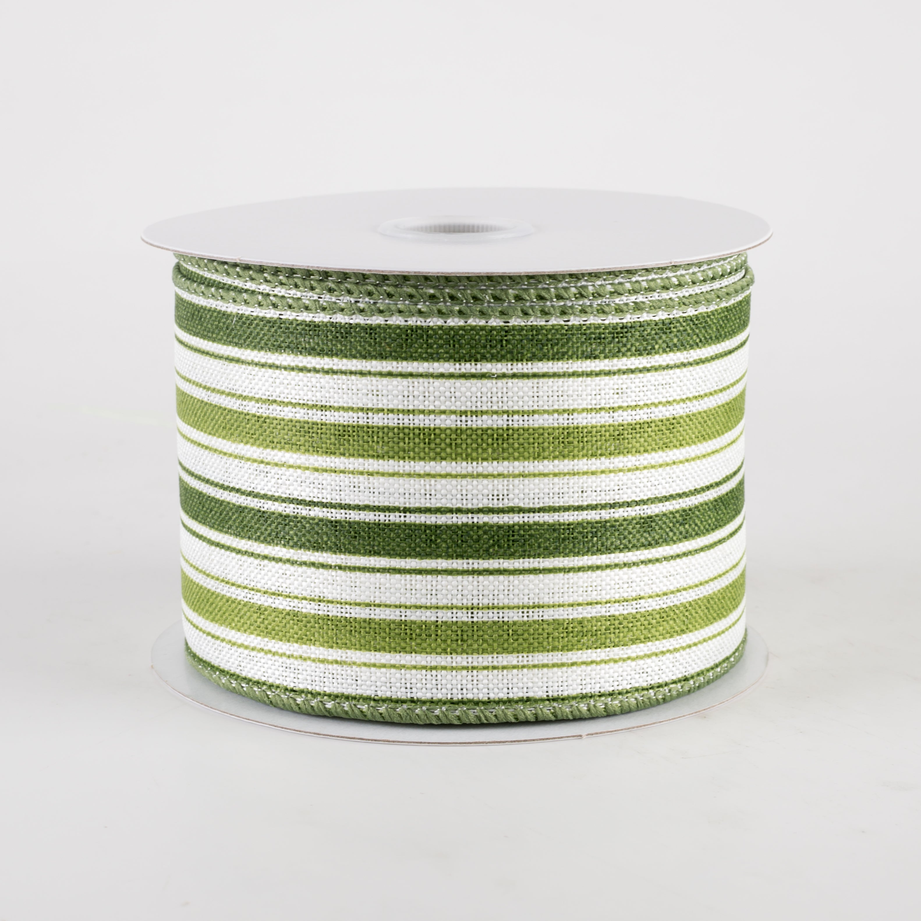 2.5" Linen Ticking Stripes Ribbon: White, Sage Green, Willow (10 Yards)