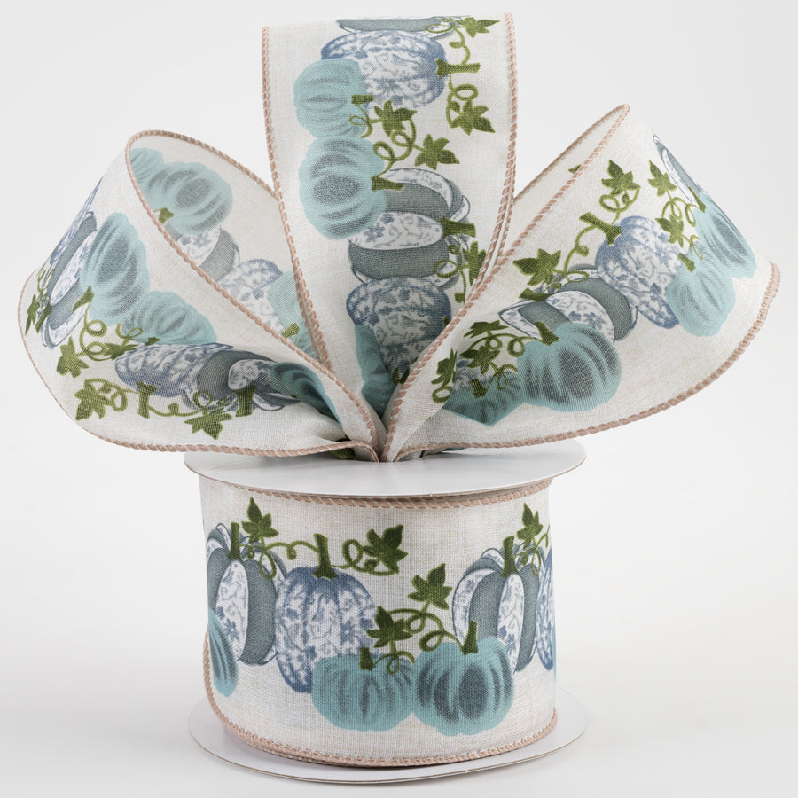 2.5" Linen Toile Pumpkins Ribbon: Ivory & Dusty Blue (10 Yards) Lifestyle Photo