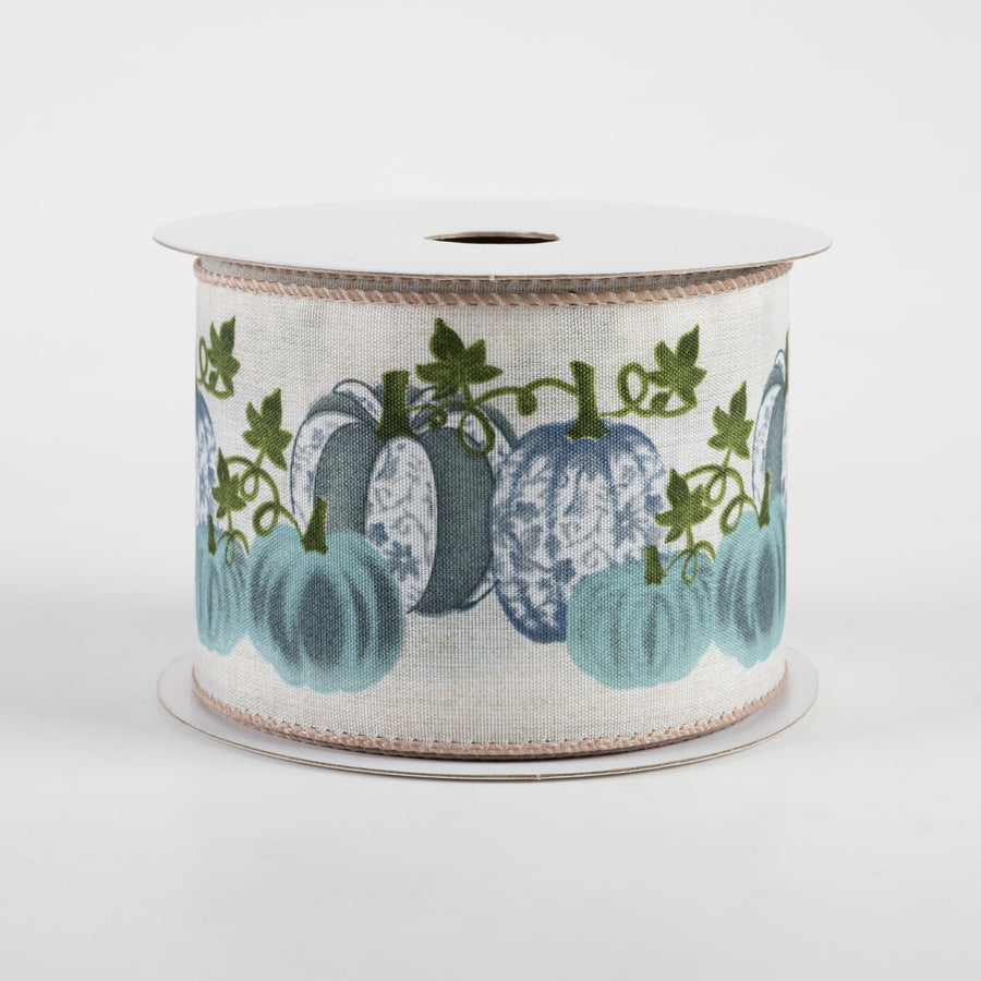 2.5" Linen Toile Pumpkins Ribbon: Ivory & Dusty Blue (10 Yards)