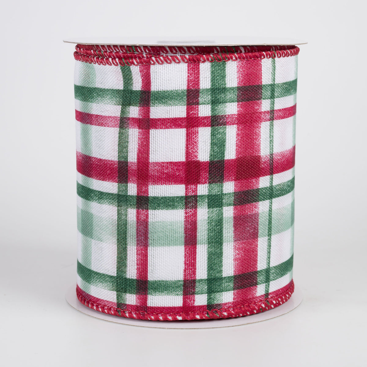 4" Linen Tuttola Plaid Ribbon: Cranberry Christmas on White (10 Yards) Item Number: 73522-04-06