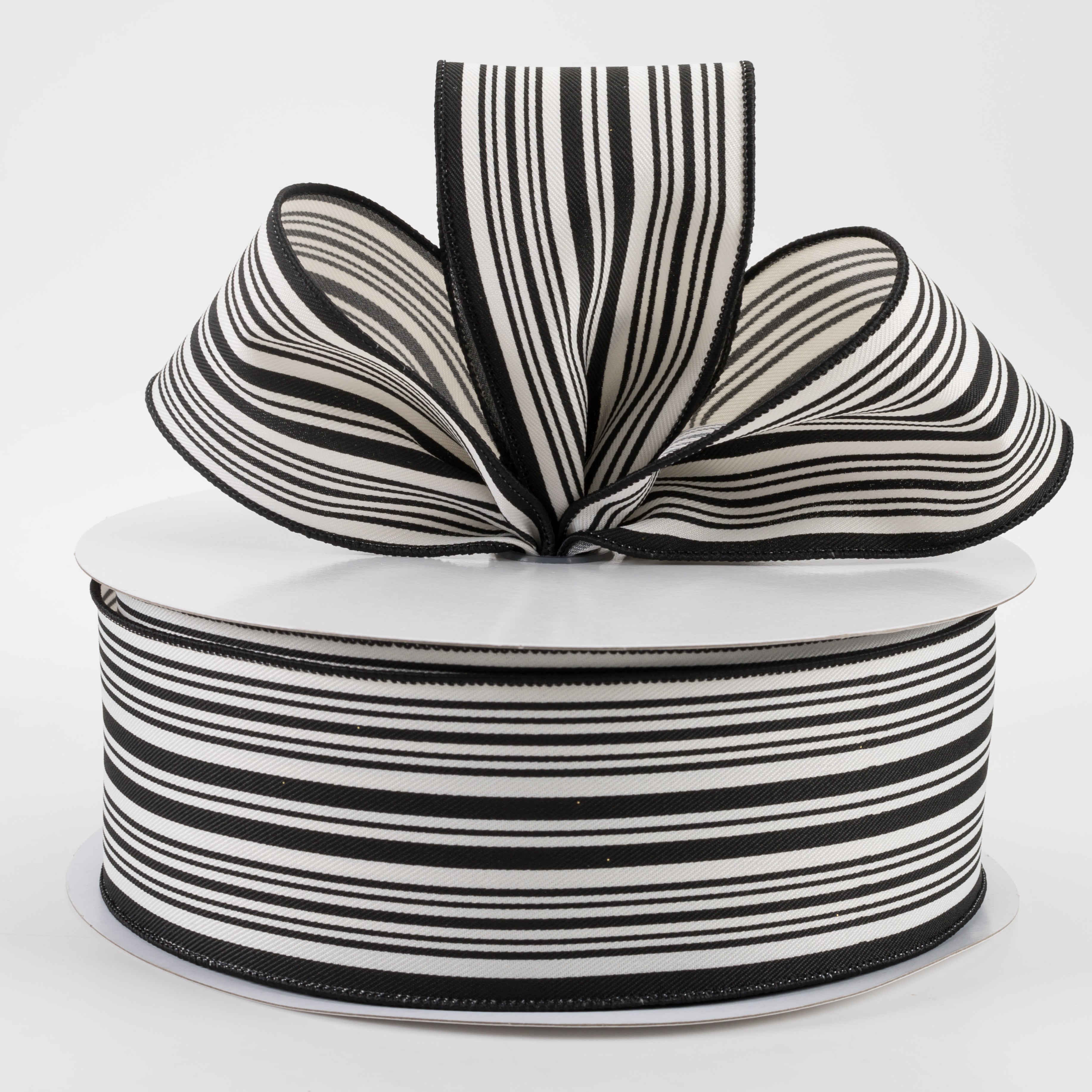 2.5" Linen Varied Vertical Stripes Ribbon: Black & Ivory (50 Yards) Lifestyle Photo