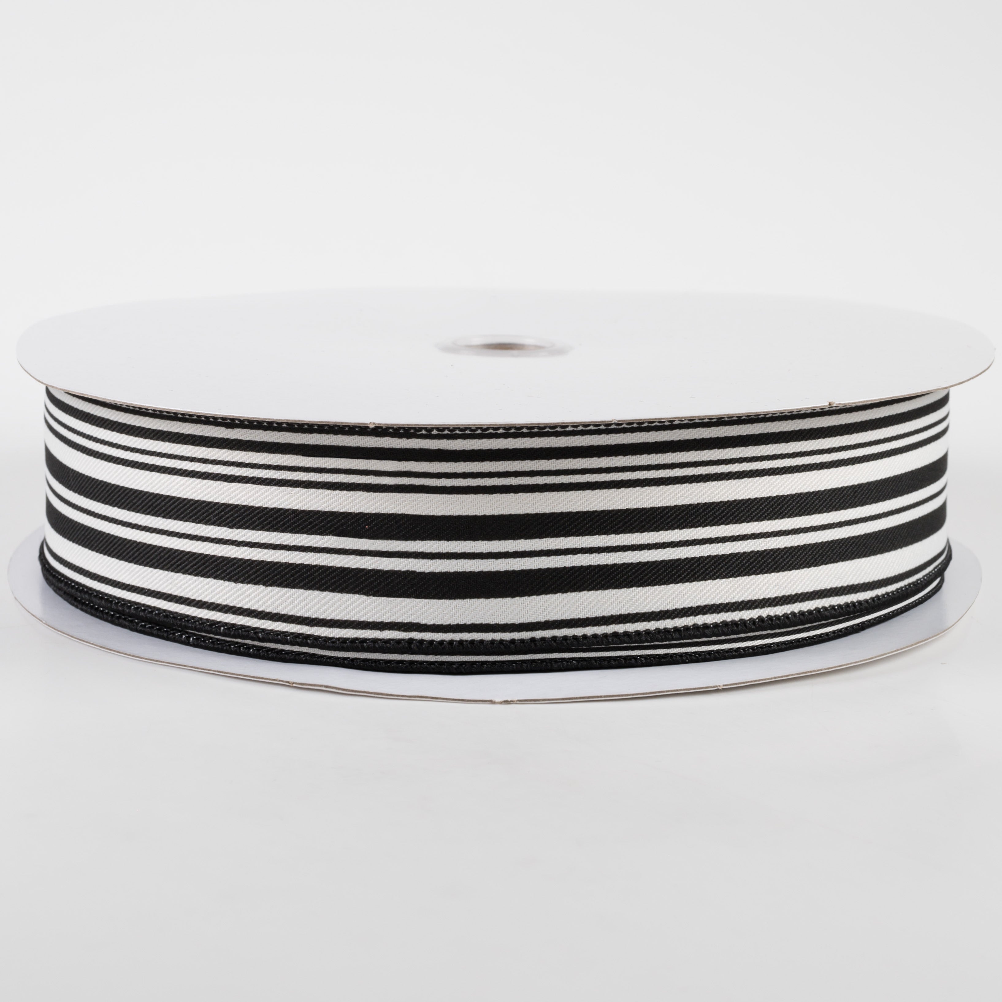 1.5" Linen Varied Vertical Stripes Ribbon: Black & Ivory (50 Yards)