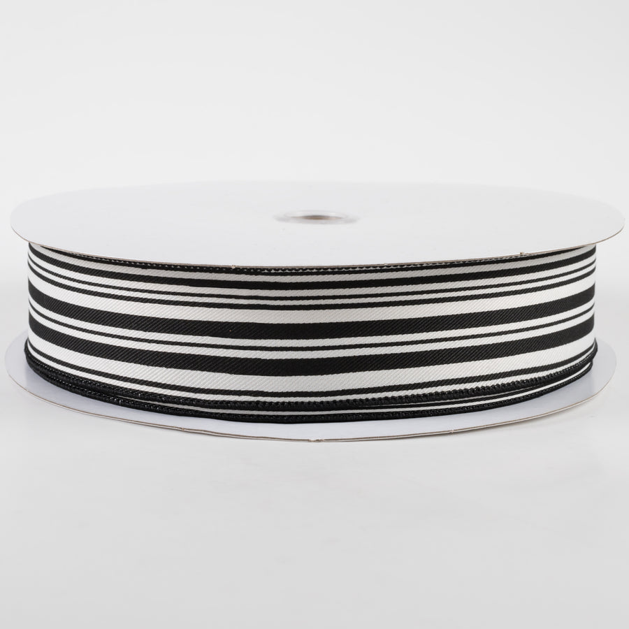 1.5" Linen Varied Vertical Stripes Ribbon: Black & Ivory (50 Yards)