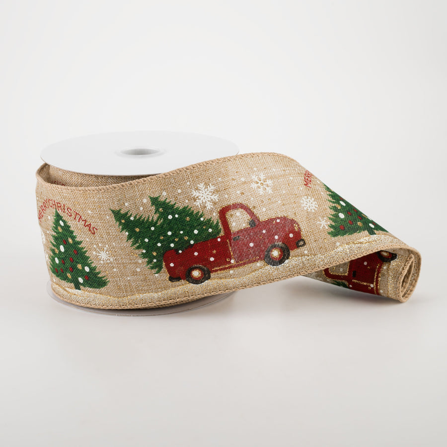 2.5" Linen Vintage Red Tree Truck Ribbon: Natural (10 Yards) Lifestyle Photo