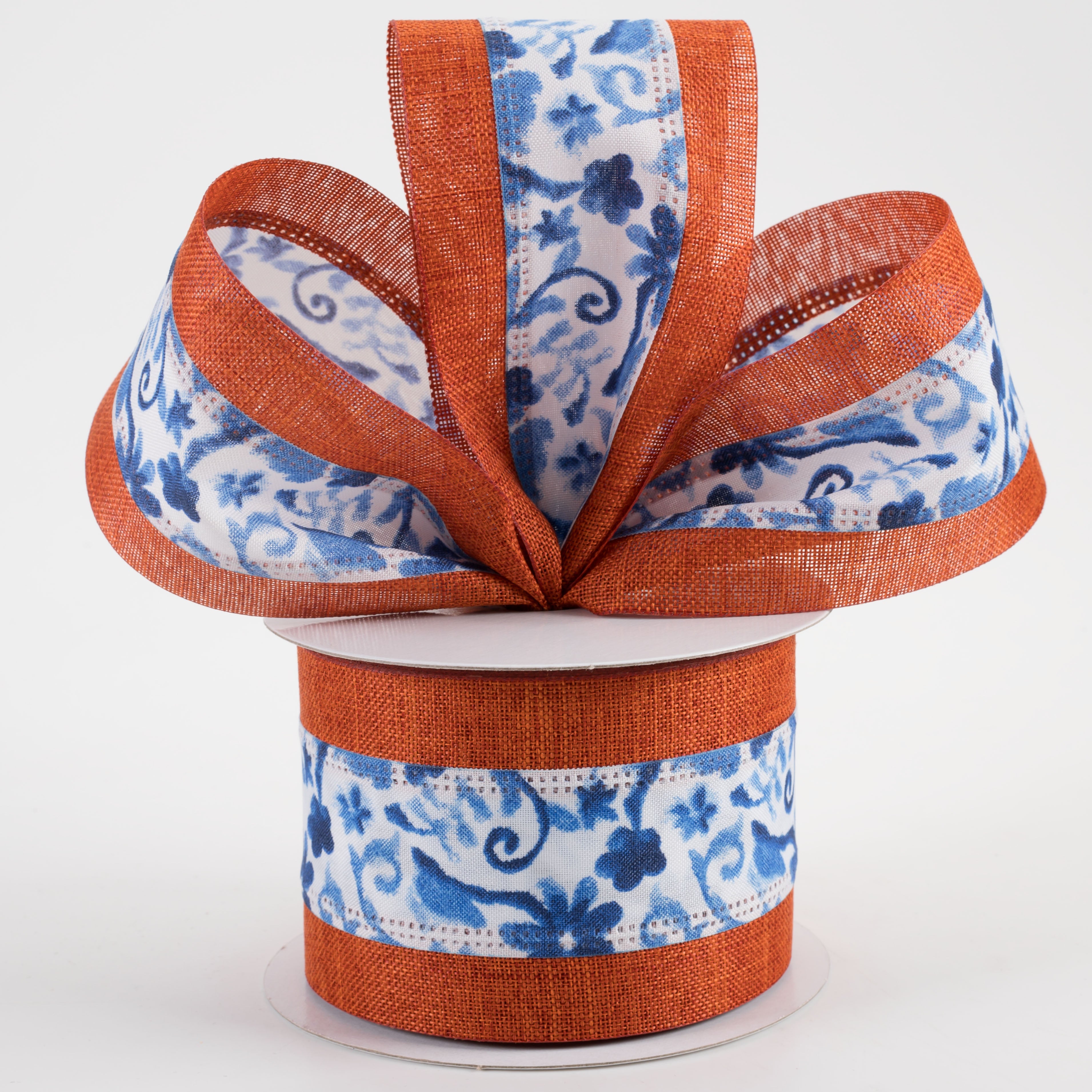 2.5" Linen Watercolor Flower Branches Ribbon: Orange Edge (10 Yards) Lifestyle Photo