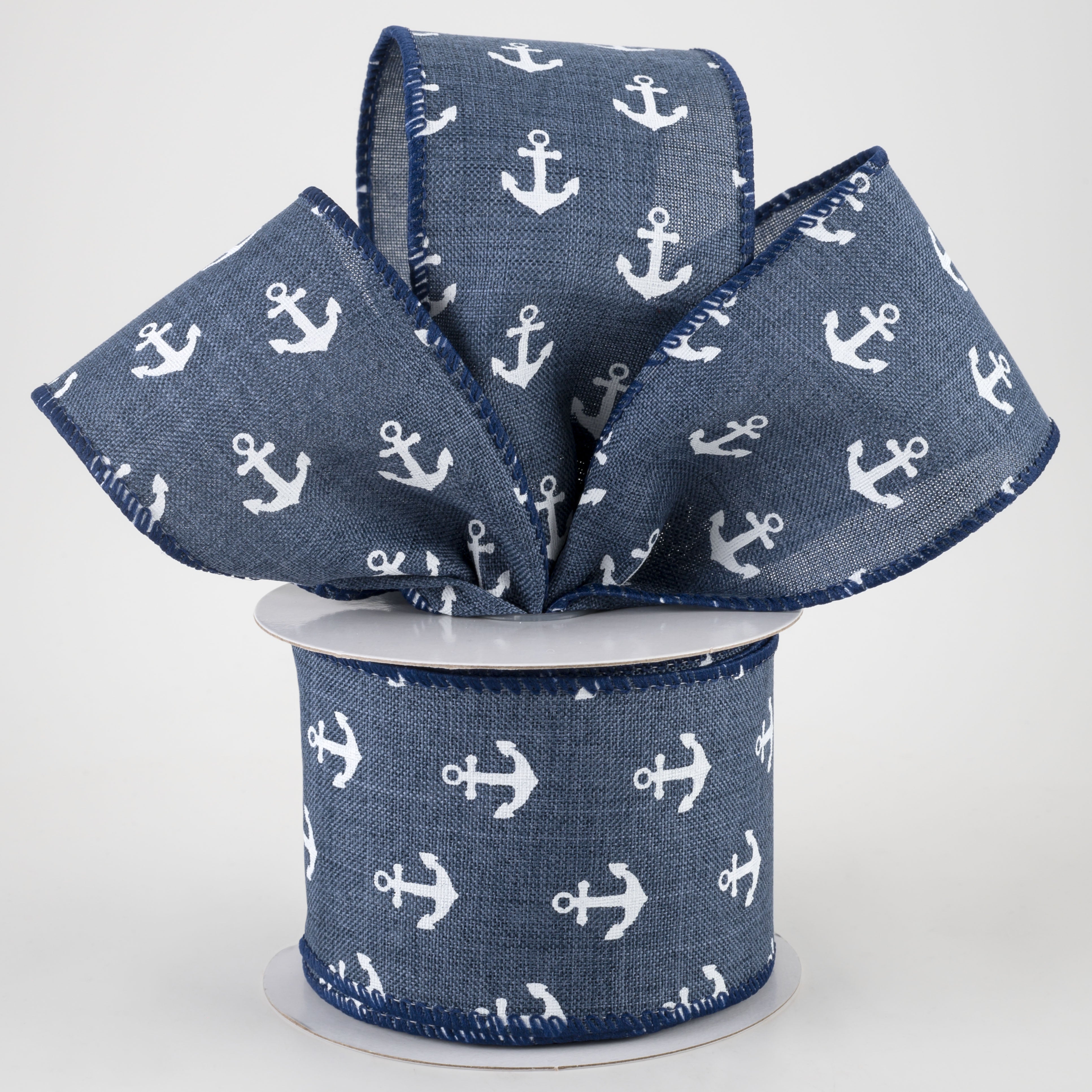 2.5" Linen White Anchors Ribbon: Dark Blue Jean (10 Yards) Lifestyle Photo