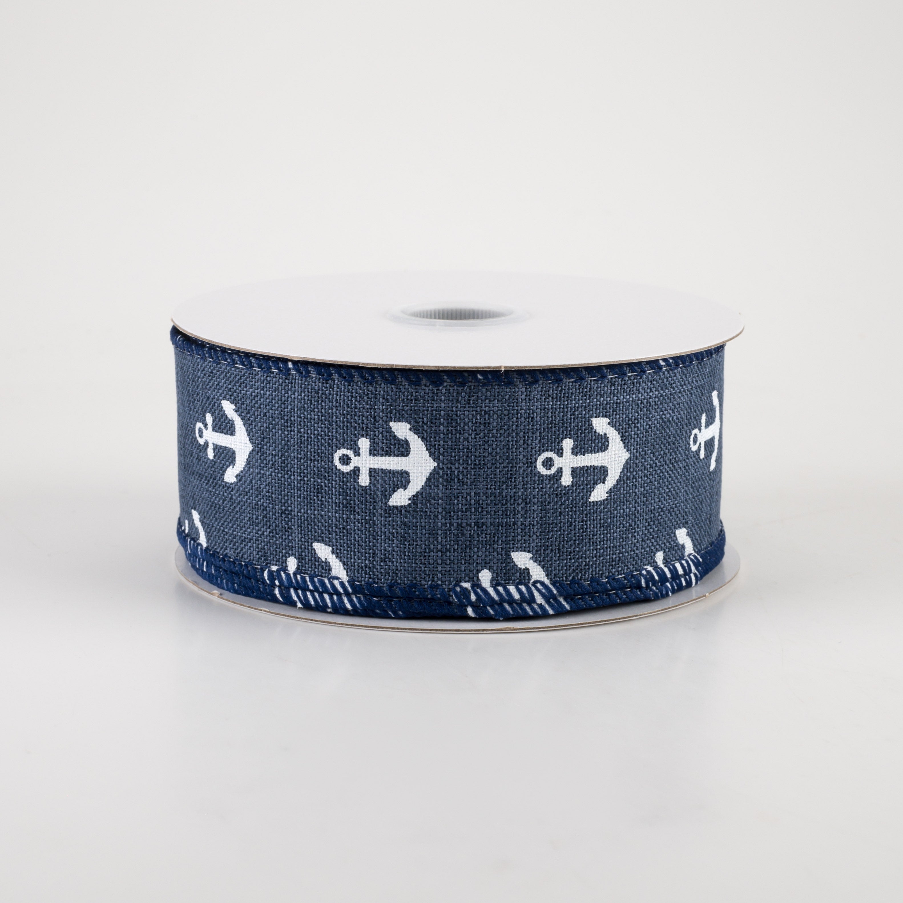 1.5" Linen White Anchors Ribbon: Dark Blue Jean (10 Yards)