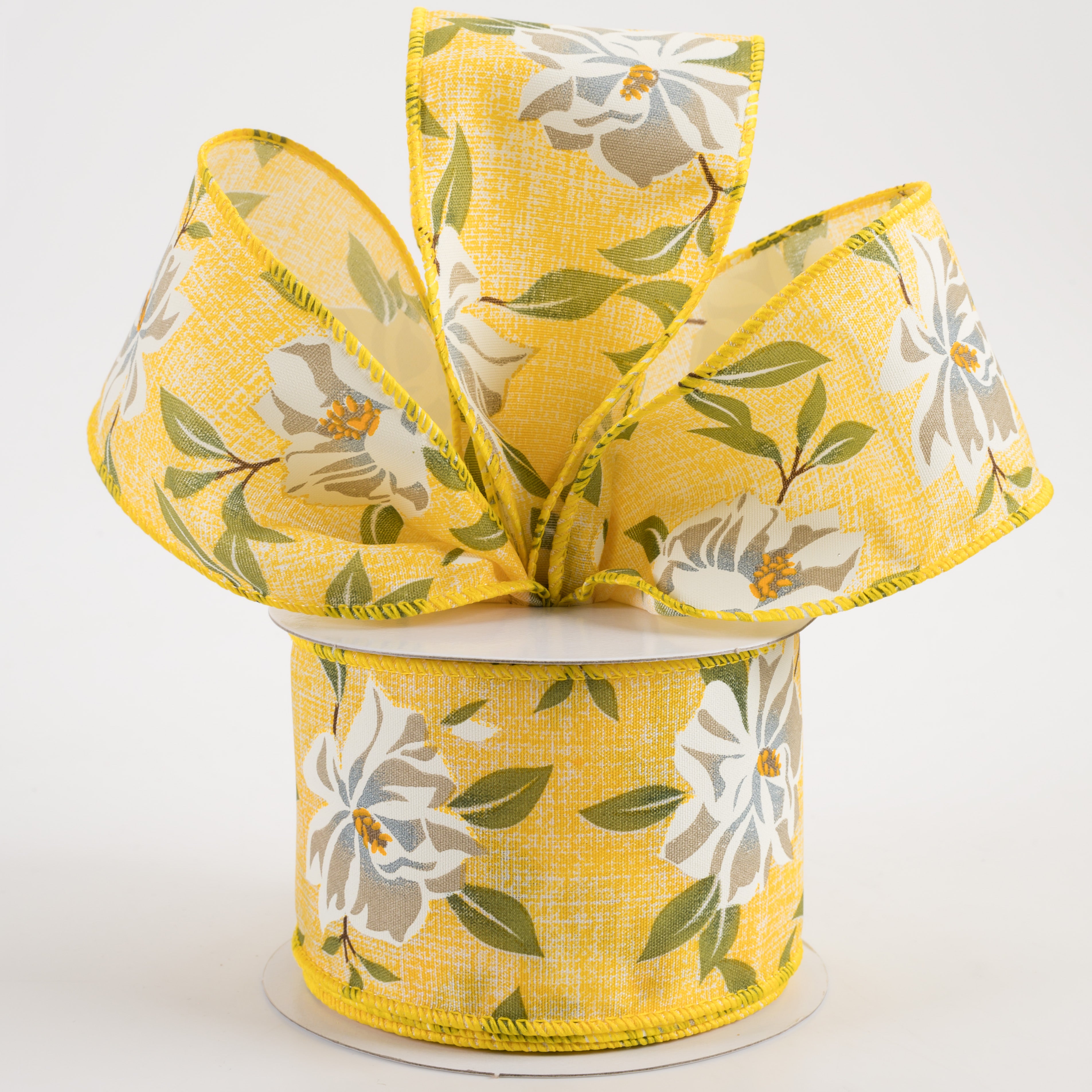 2.5" Linen White Magnolias Ribbon: Yellow (10 Yards) Lifestyle Photo