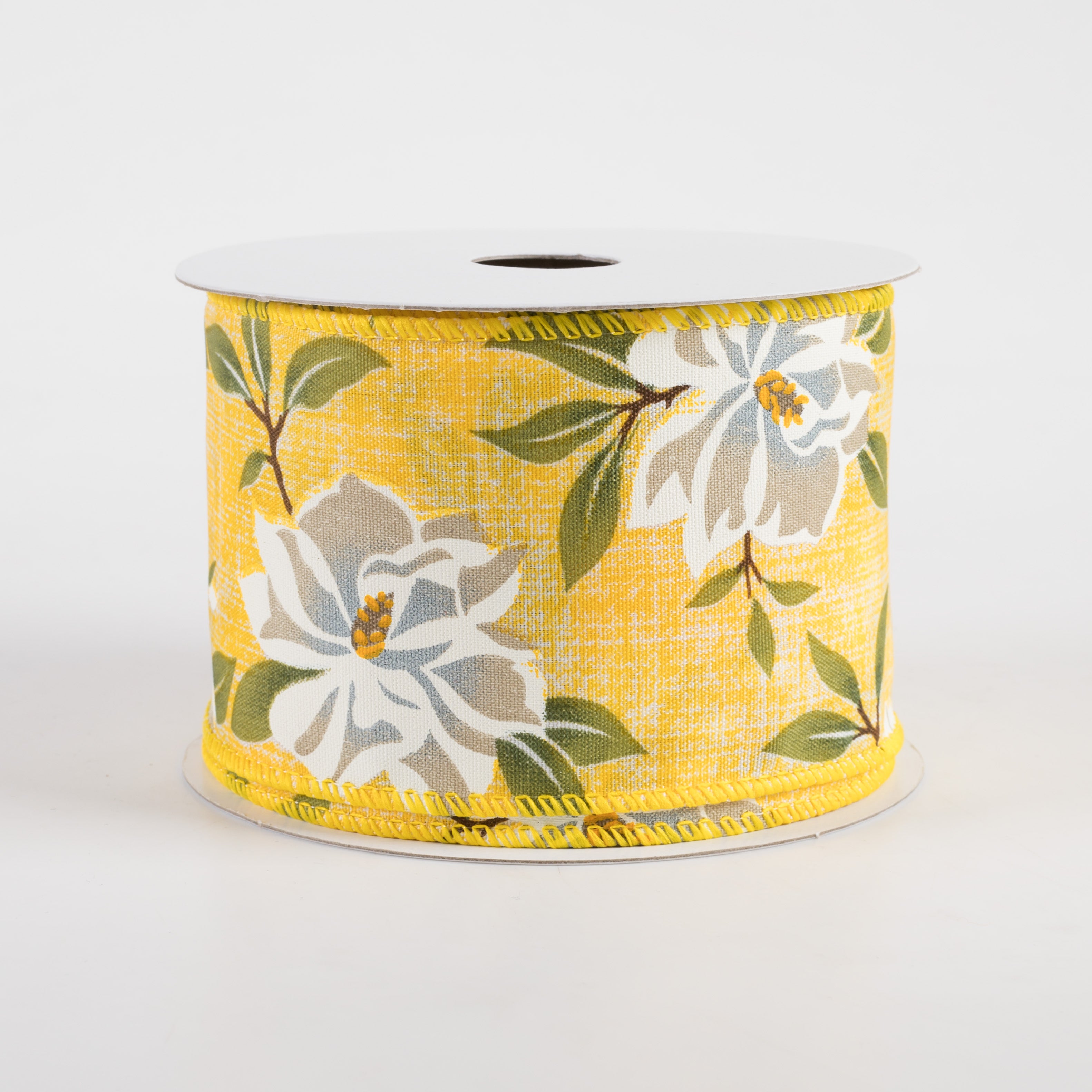 2.5" Linen White Magnolias Ribbon: Yellow (10 Yards)