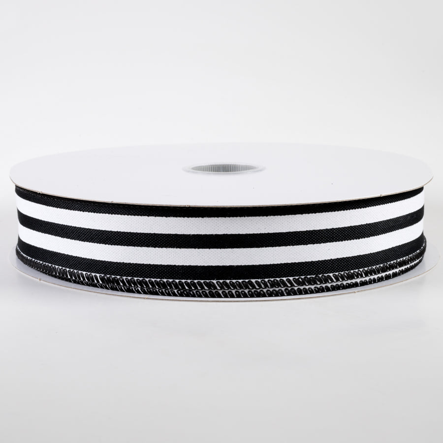 1.5" Linen Wide Cabana Stripes Ribbon: Black & White (50 Yards)