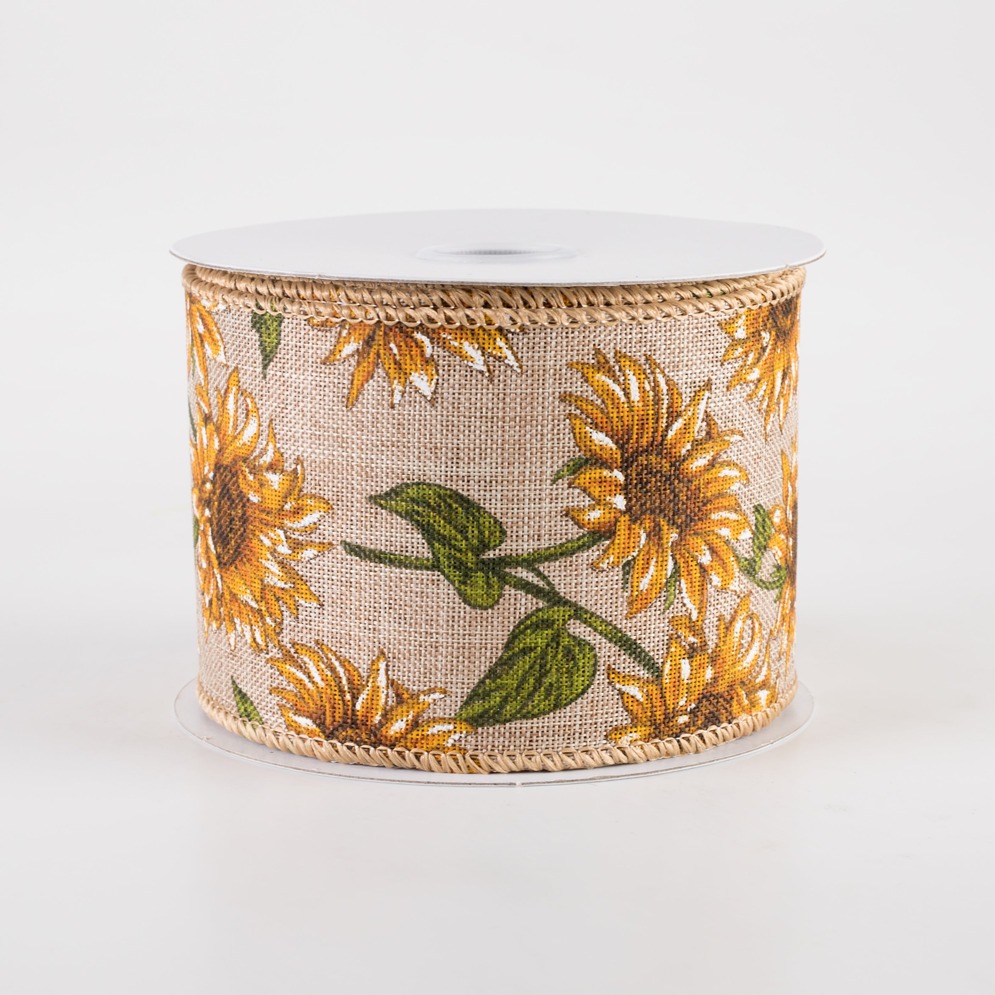 2.5" Linen Wild Sunflowers Ribbon: Natural (10 Yards)