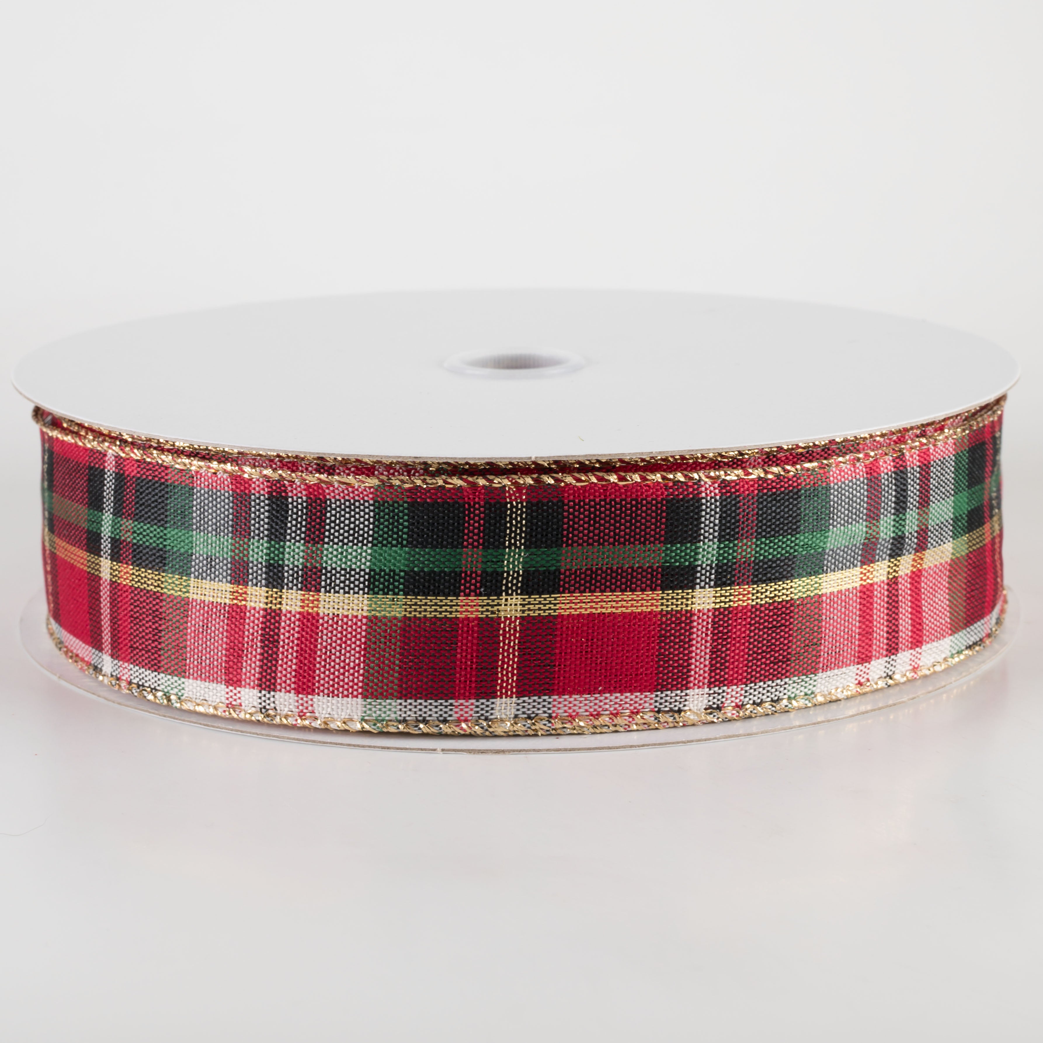 1.5" Lodge Plaid Ribbon: Red, Black, Green, Cream, Gold (50 Yards)