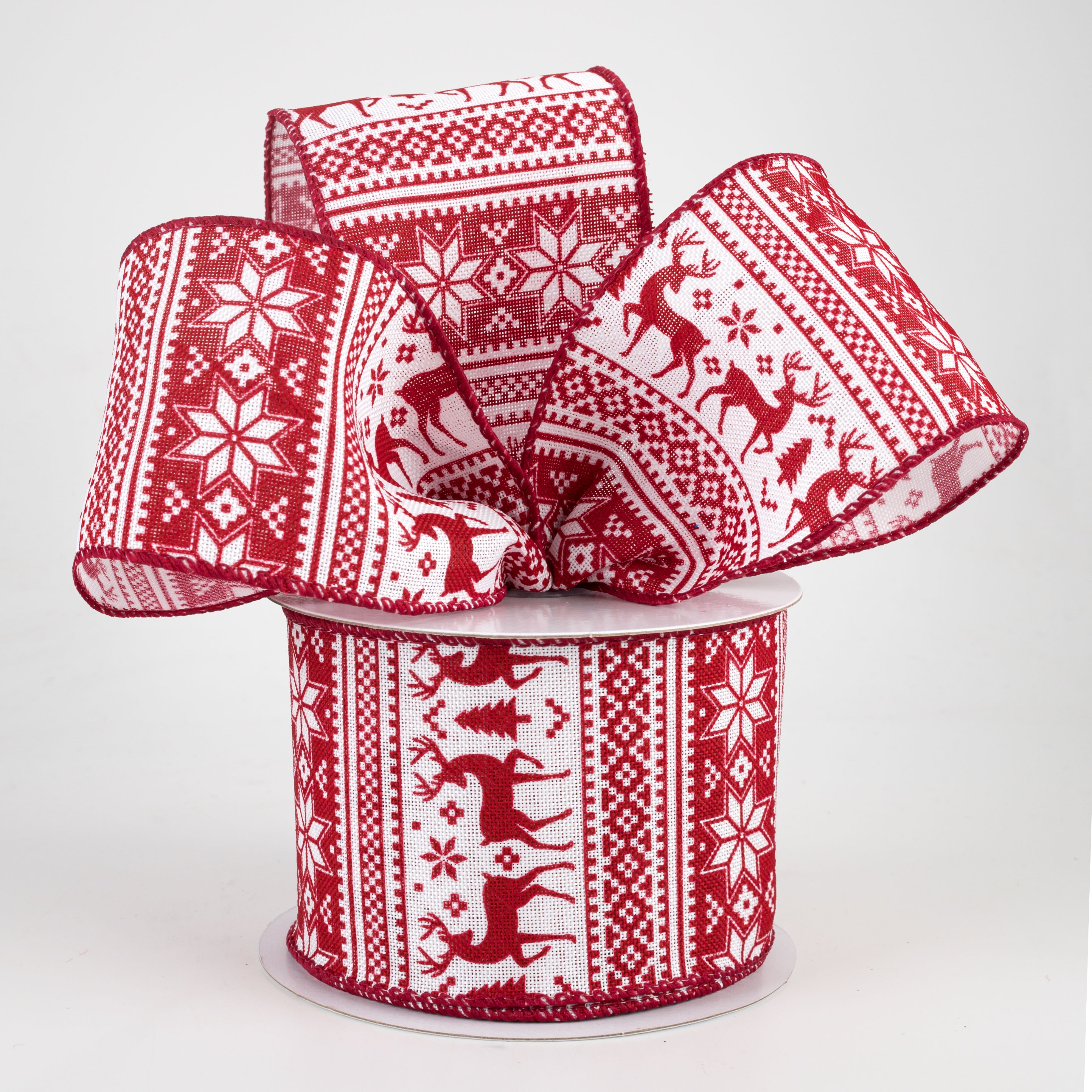 2.5" Lodge Sweater Print Ribbon: Red & White (10 Yards) Lifestyle Photo