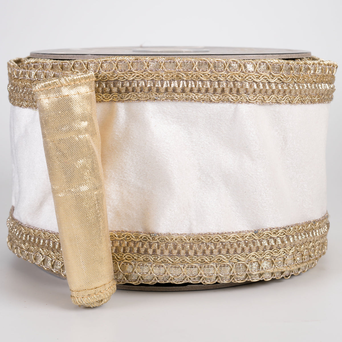4" Loop Braid Trim Velvet & Metallic Dupioni Fused Ribbon: White & Gold (10 Yards) Item Number: RR0052