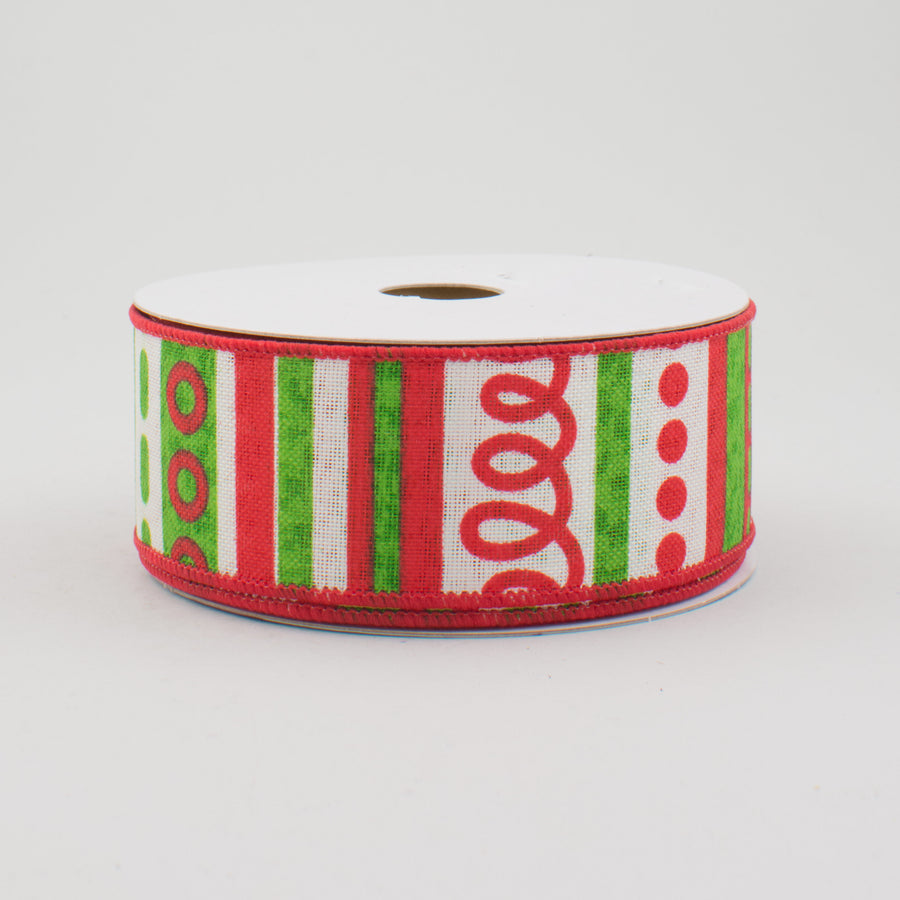 1.5" Loopy Stripes Holiday Ribbon: White, Red & Green (10 Yards)