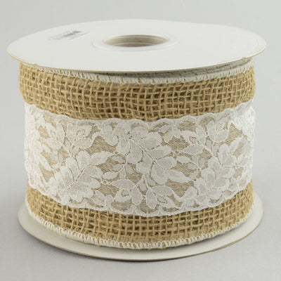 4" Loose Weave Burlap With 2" Ivory Lace Overlay (10 yards) Item Number: RN4757