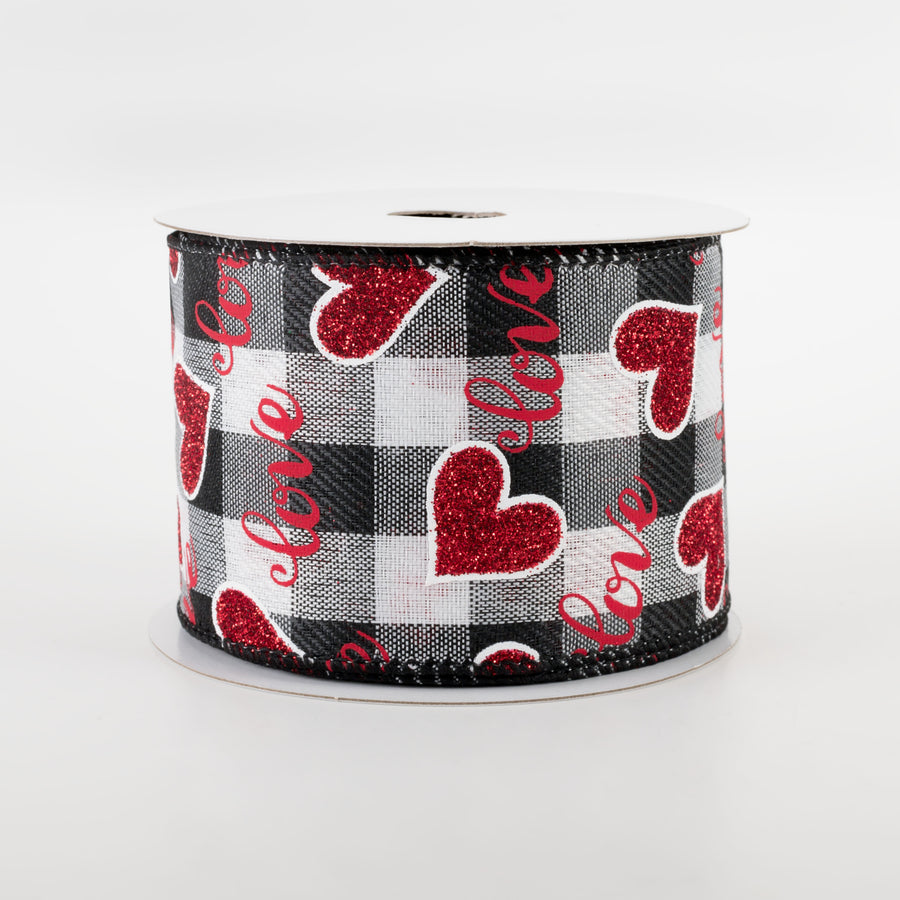 2.5" Love Script With Hearts Ribbon: Black & White Buffalo Plaid (10 Yards) Item Number: 11203-40-20