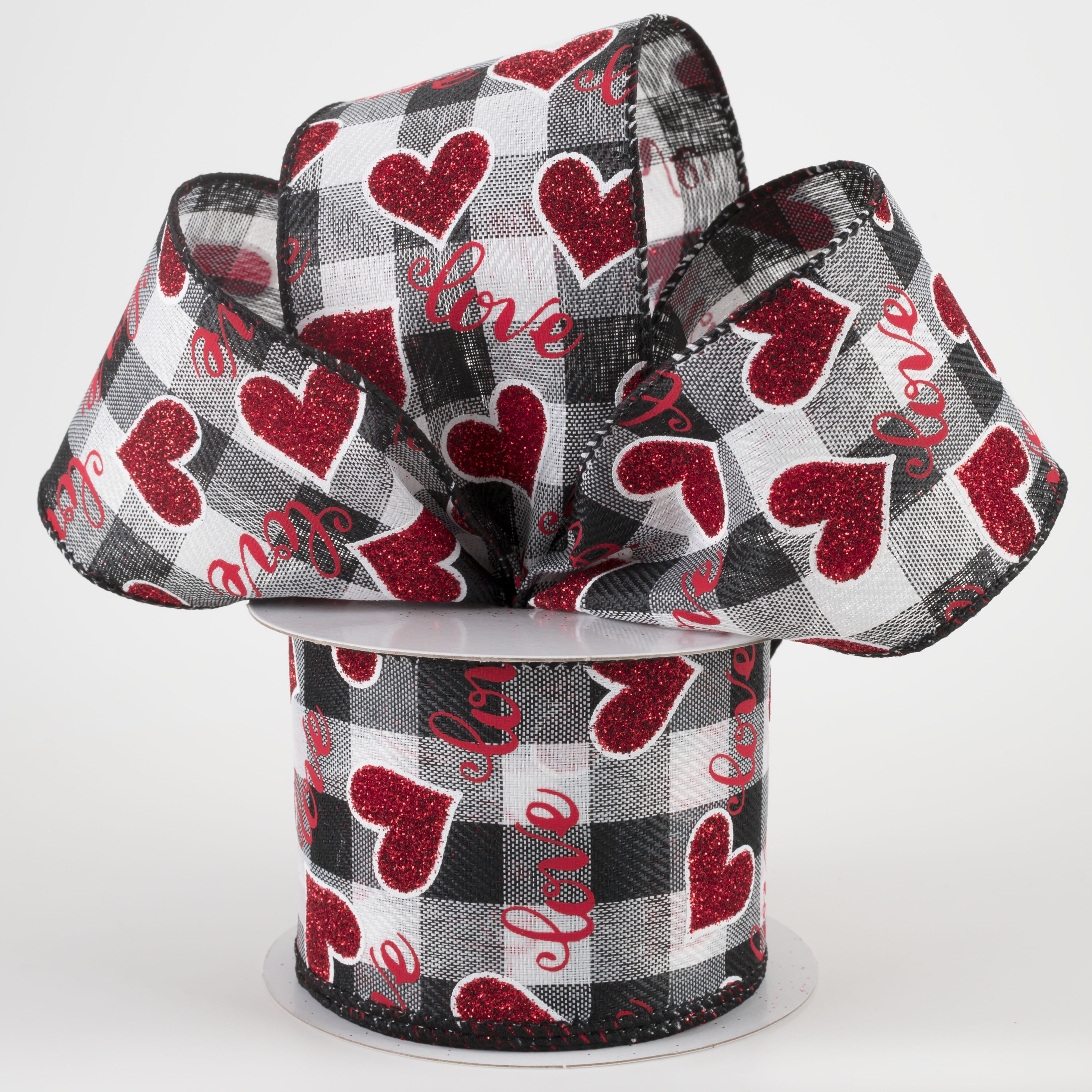 2.5" Love Script With Hearts Ribbon: Black & White Buffalo Plaid (10 Yards) Lifestyle Photo