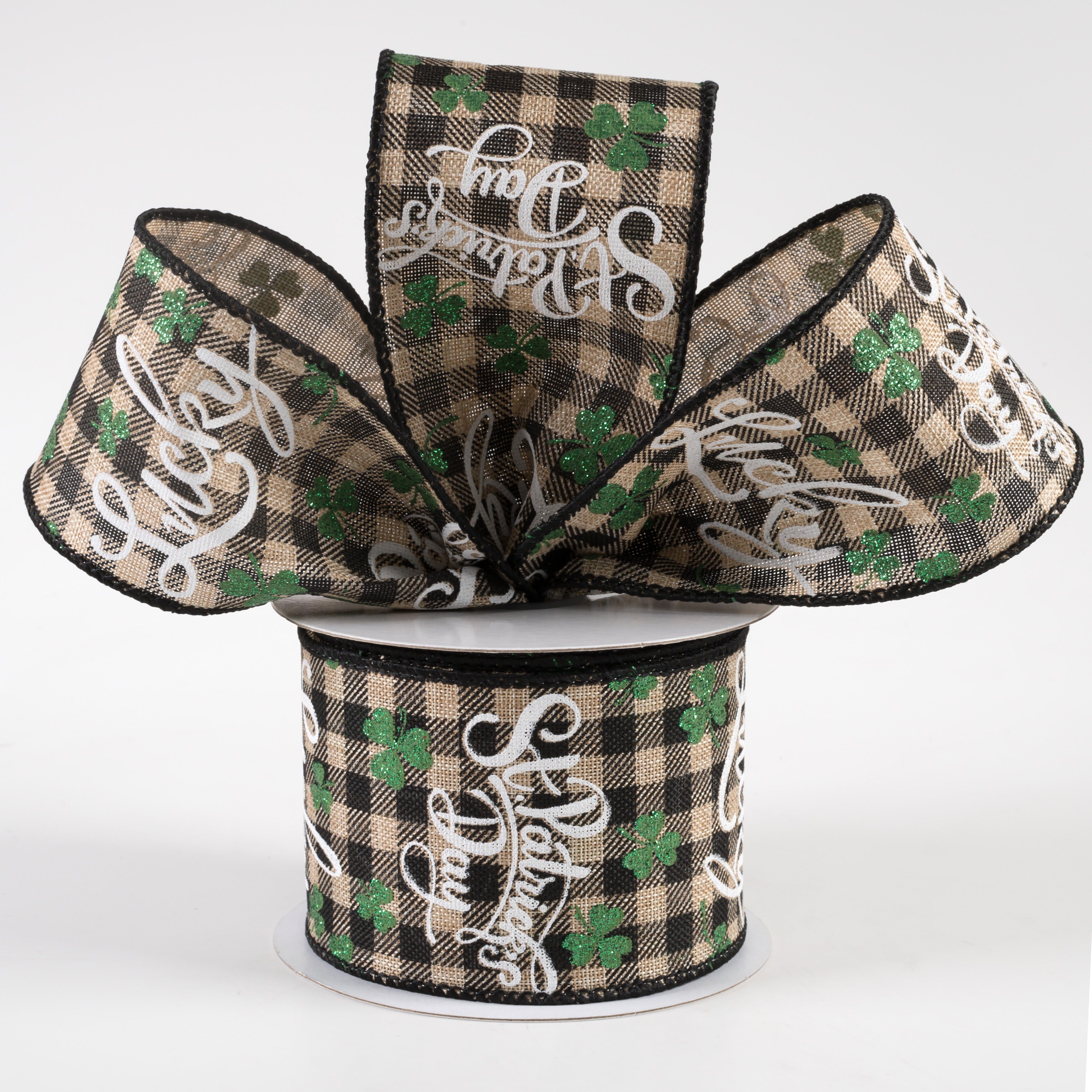 2.5" Lucky St. Pat Gingham Linen Ribbon: Natural & Black (10 Yards) Lifestyle Photo
