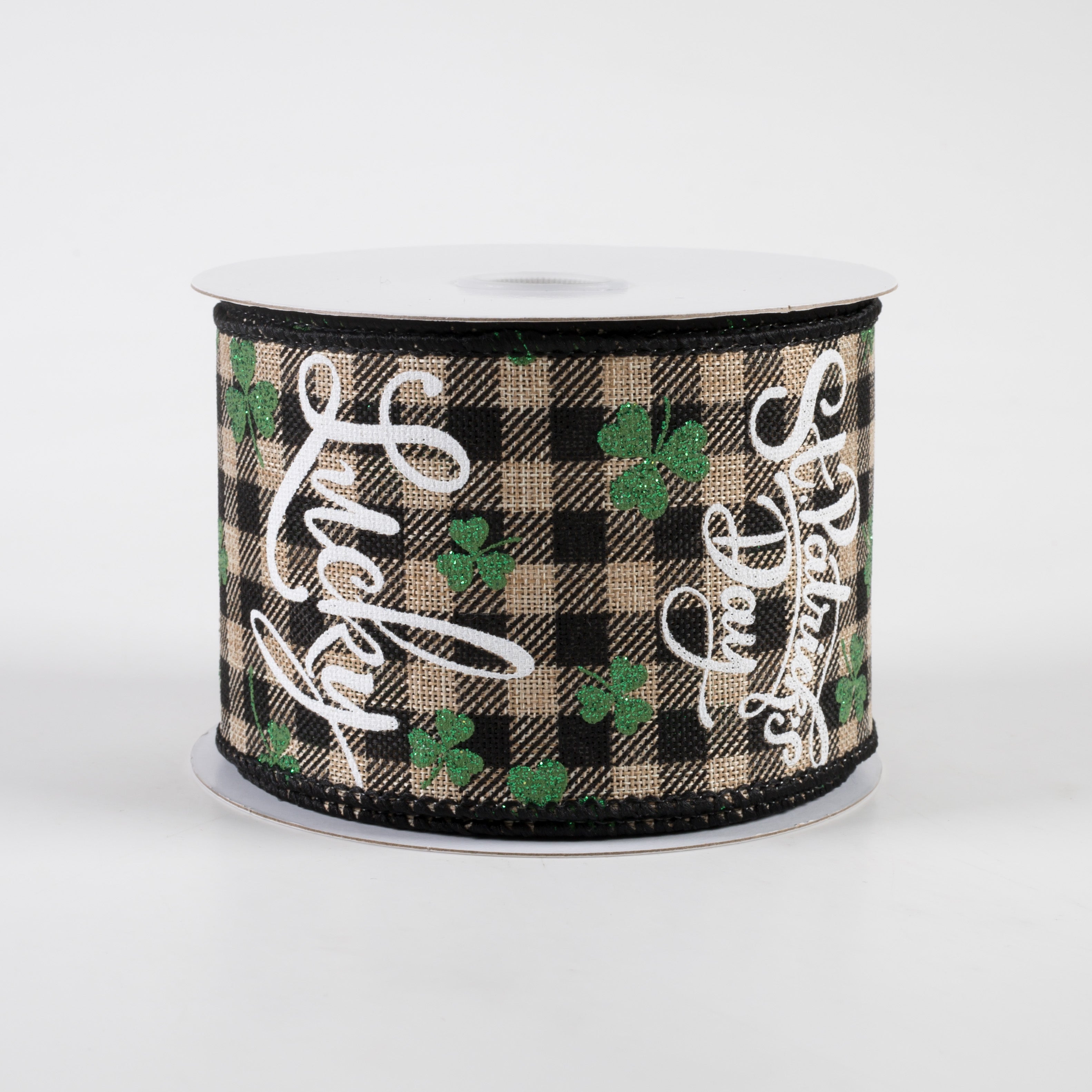 2.5" Lucky St. Pat Gingham Linen Ribbon: Natural & Black (10 Yards) Item Number: 21312-40-21