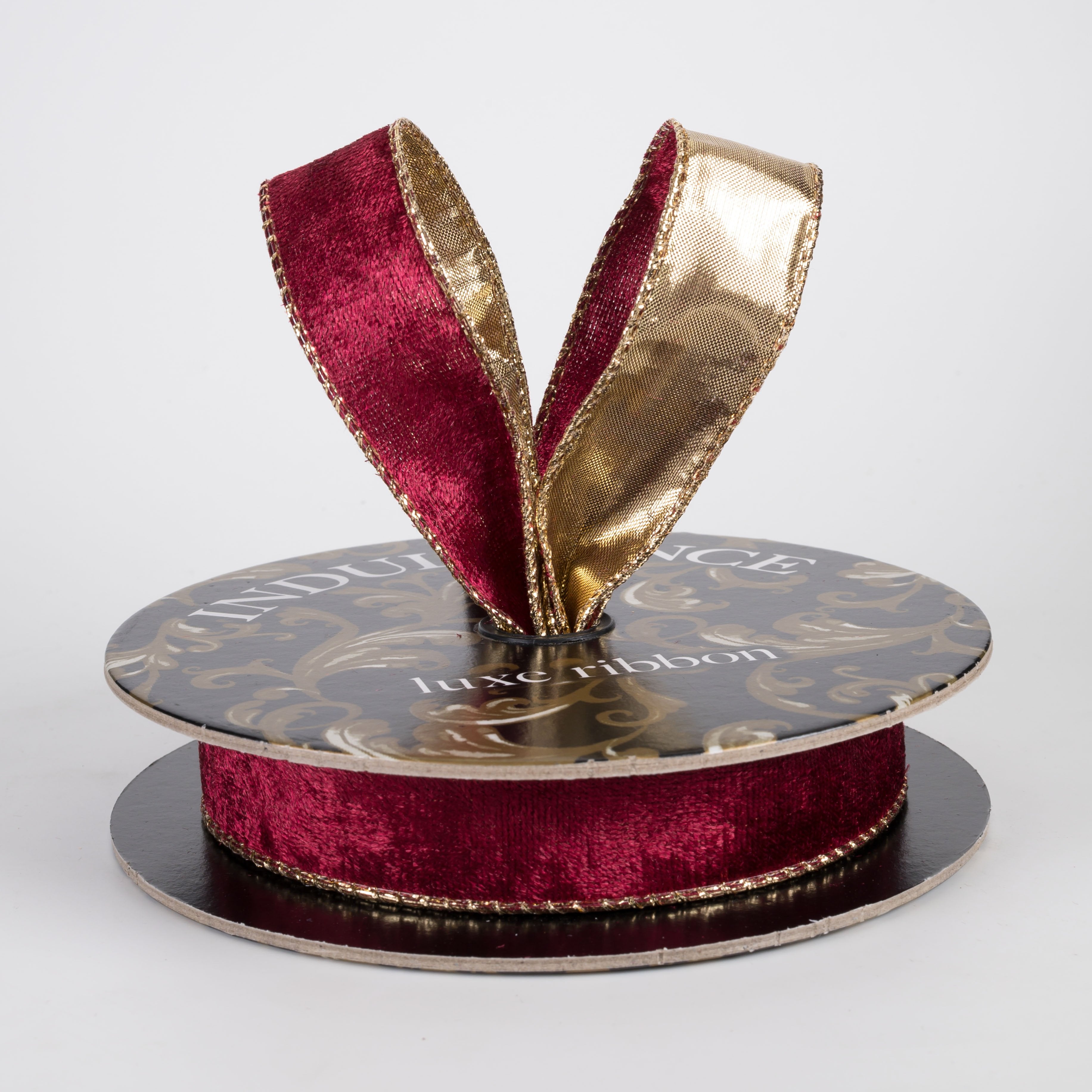 1" Lush Velvet Metallic Backed Ribbon: Burgundy & Gold (10 Yards) Lifestyle Photo