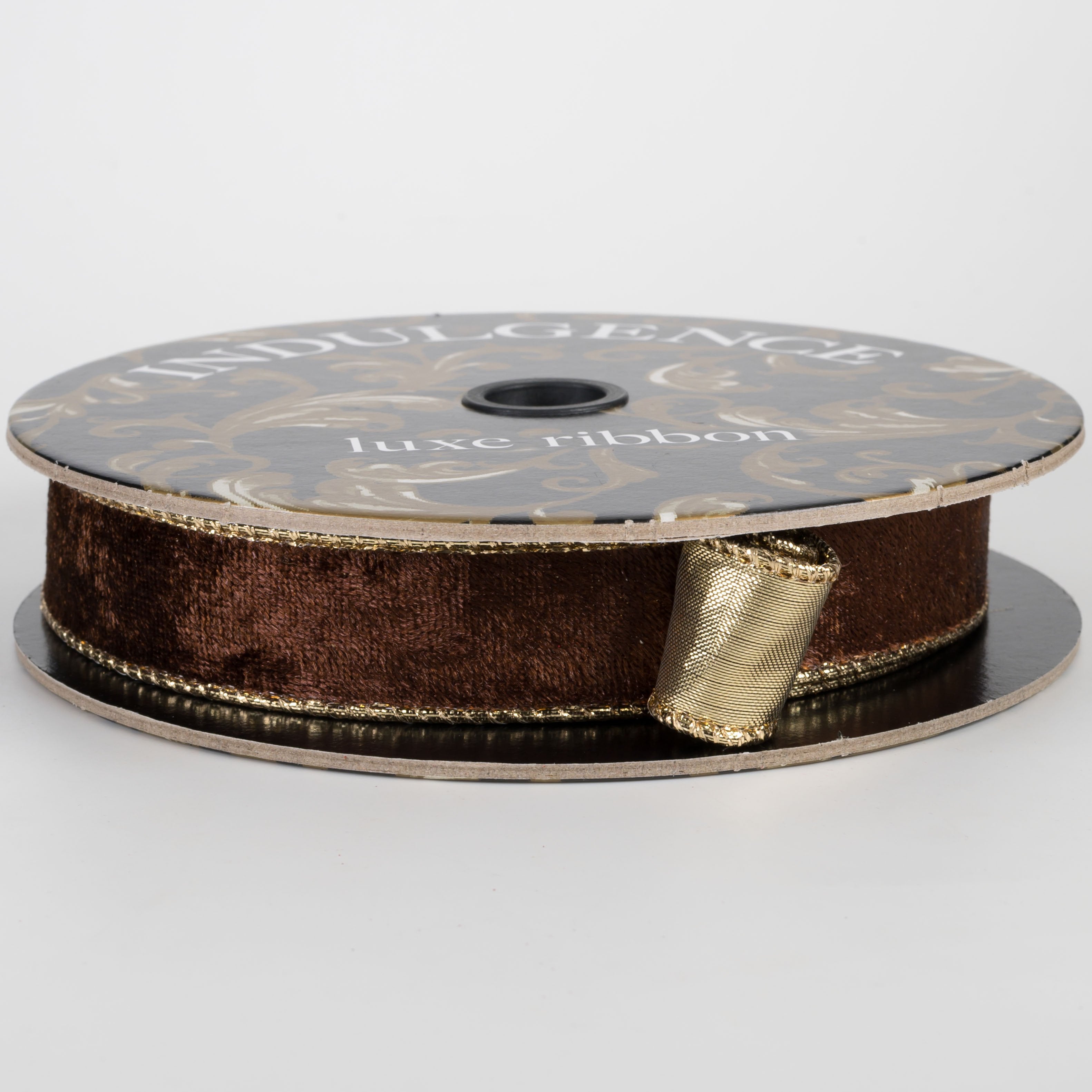 1" Lush Velvet Metallic Backed Ribbon: Chocolate & Gold (10 Yards) Item Number: D73648-10-38