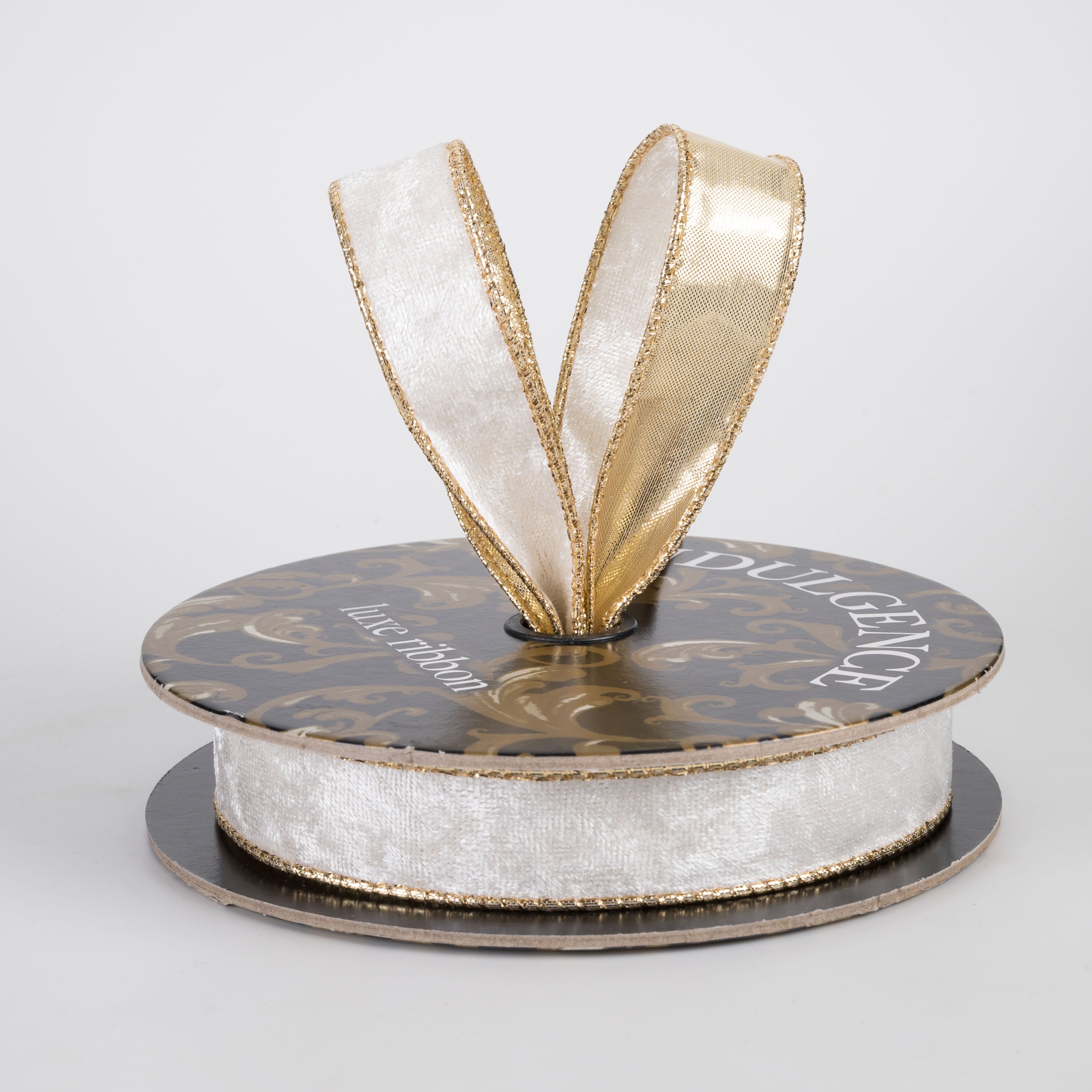 1" Lush Velvet Metallic Backed Ribbon: Ivory & Gold (10 Yards) Lifestyle Photo