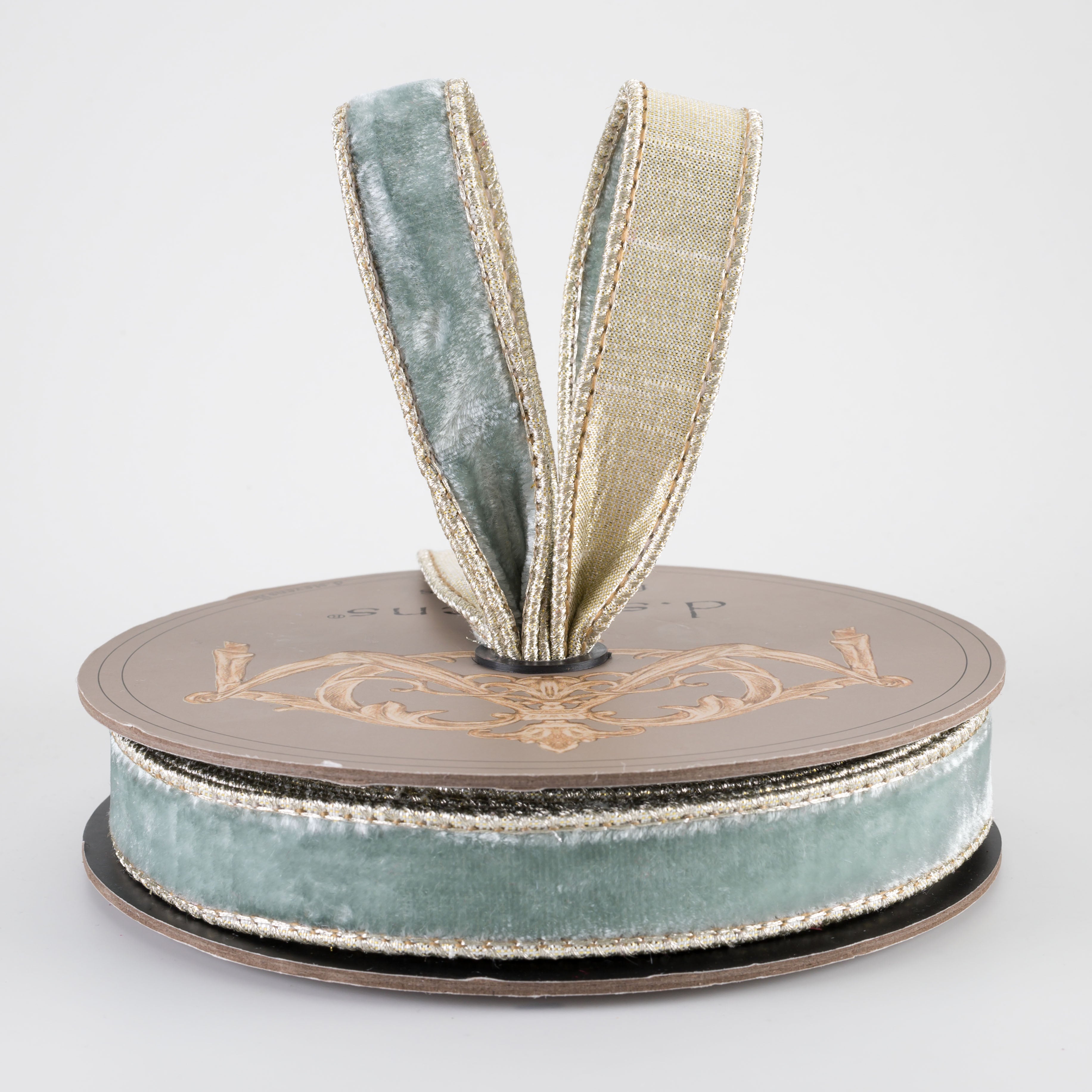 [D Stevens] 1" Lush Velvet Platinum Back Ribbon: Dusty Jade (10 Yards) Lifestyle Photo