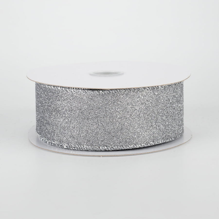 1.5" Lustrous All Flat Glitter Ribbon: Platinum Silver (10 Yards)
