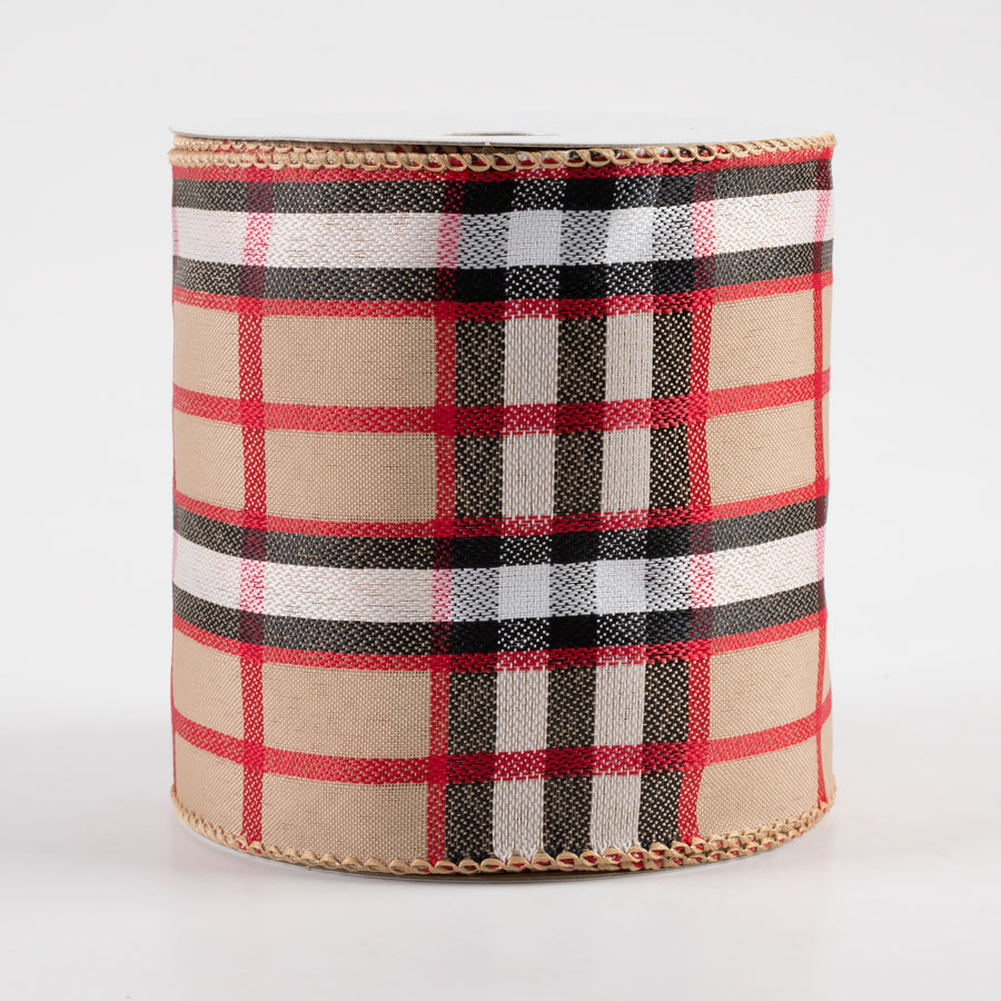 4" Luxe Plaid Ribbon: Brown, Black, Red, White (10 Yards)