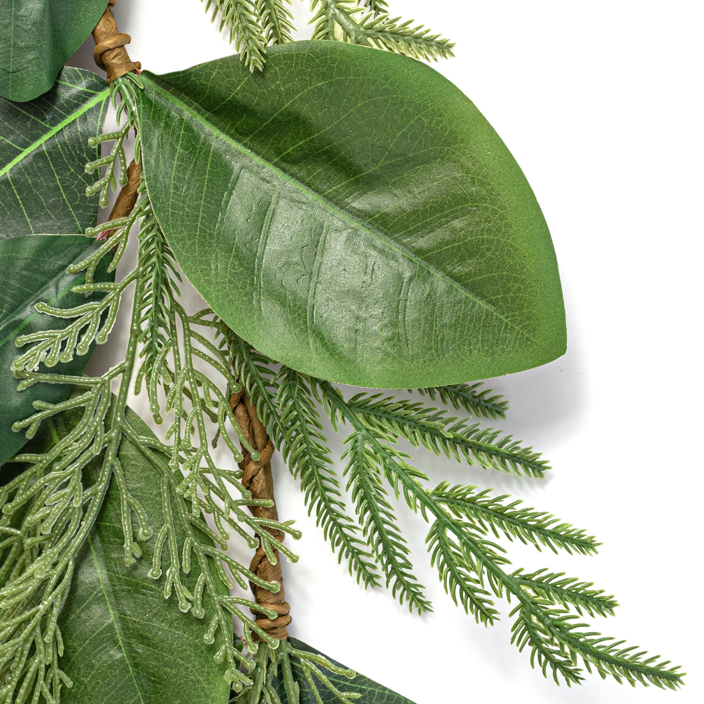 5' Magnolia Leaves with Norfolk & Cedar Pine Garland detail photo 3