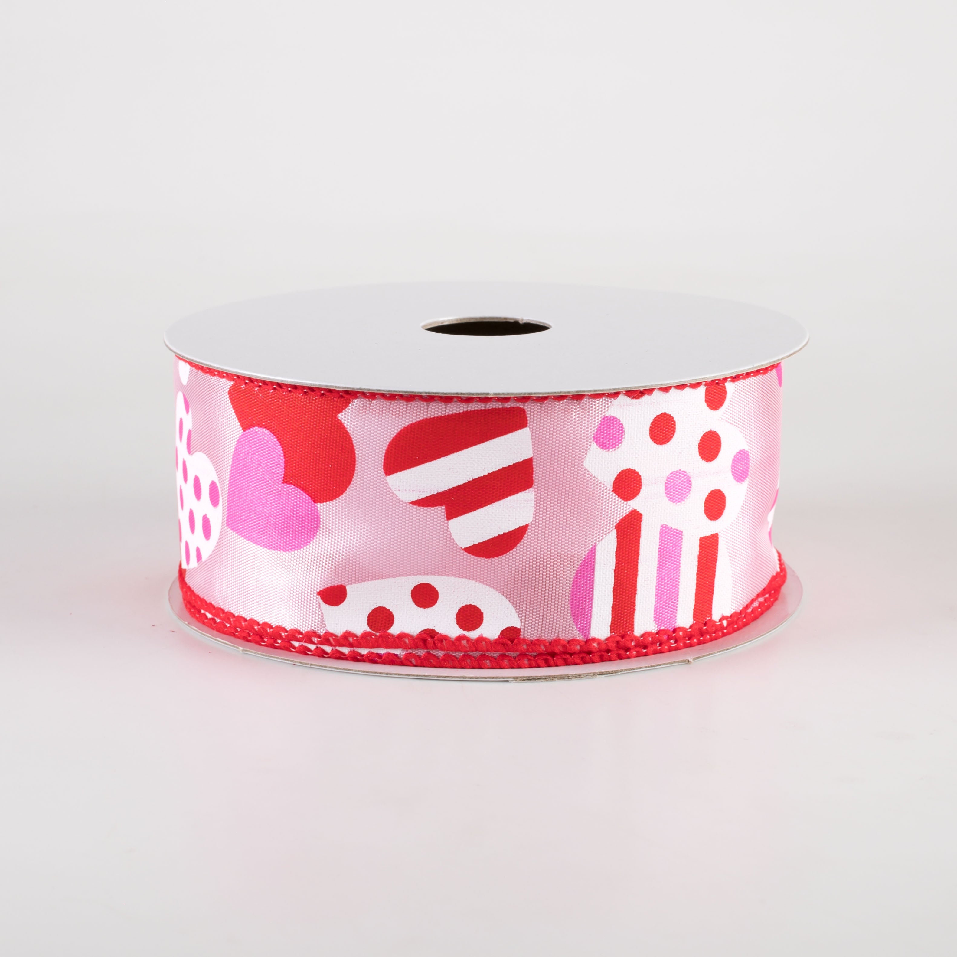 1.5" Maloney Dots & Stripes Hearts Ribbon: Pink (10 Yards)