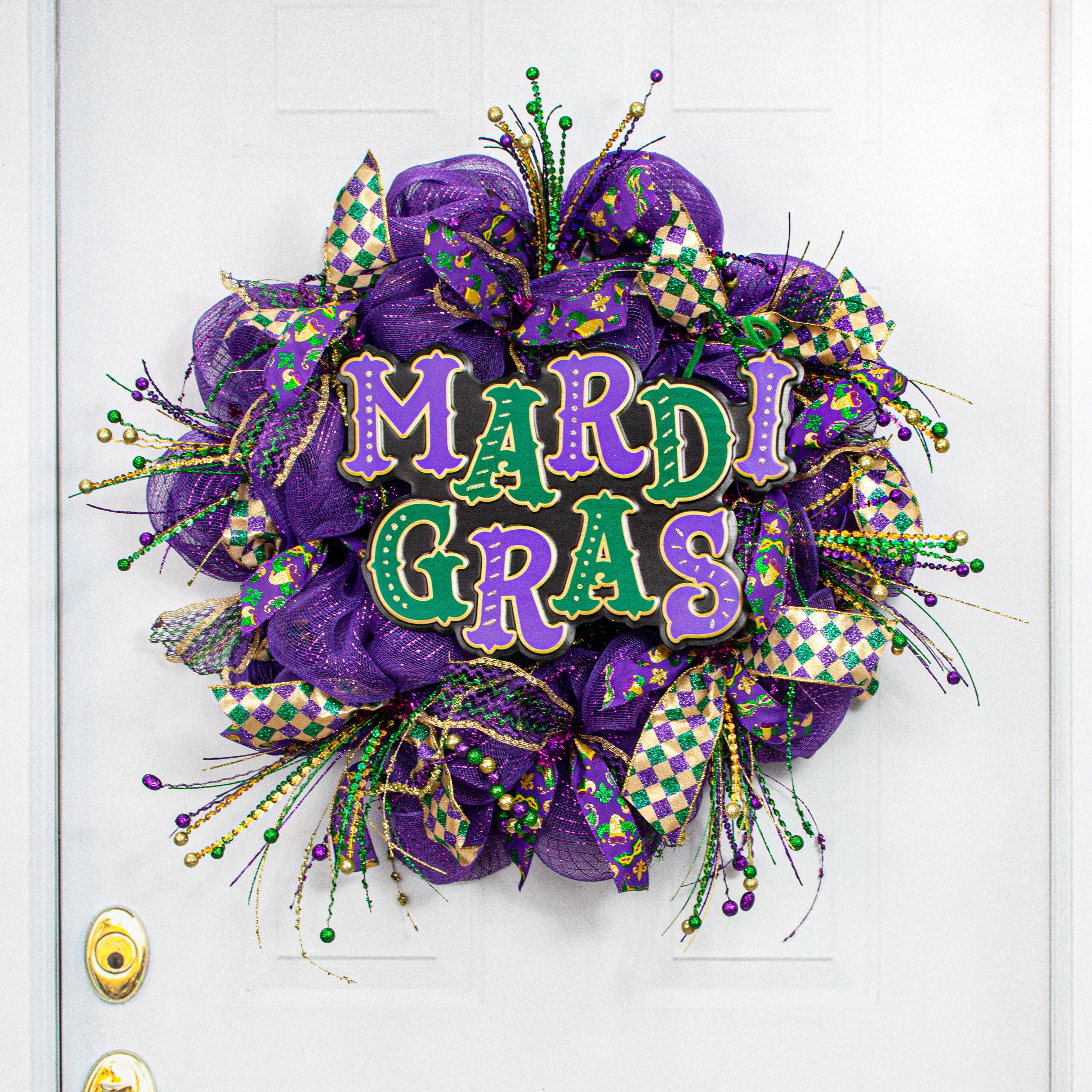 16" Mardi Gras Embossed Metal Hanger: Black, Purple, Green, Gold Lifestyle Photo