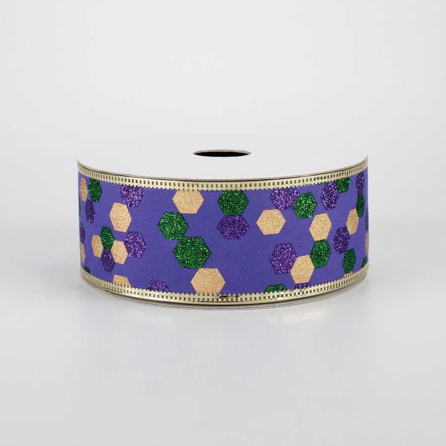 1.5" Mardi Gras Hexagons Metallic Edge Ribbon (10 Yards)
