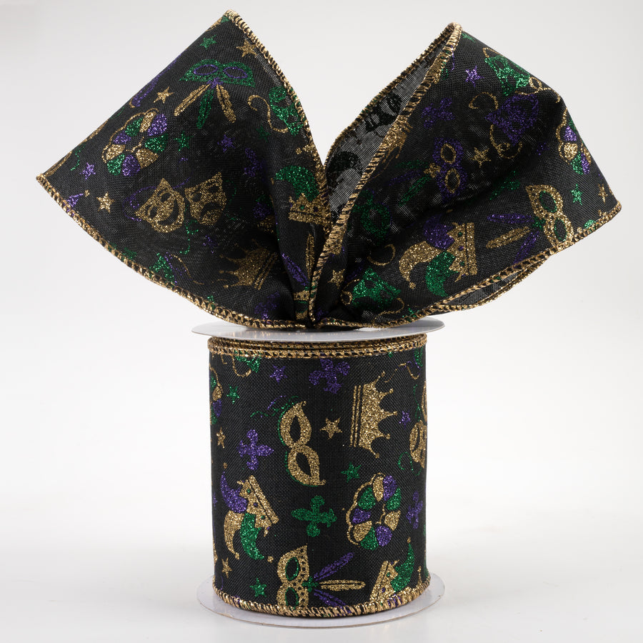 4" Mardi Gras Pattern Ribbon: Black (10 Yards) Lifestyle Photo