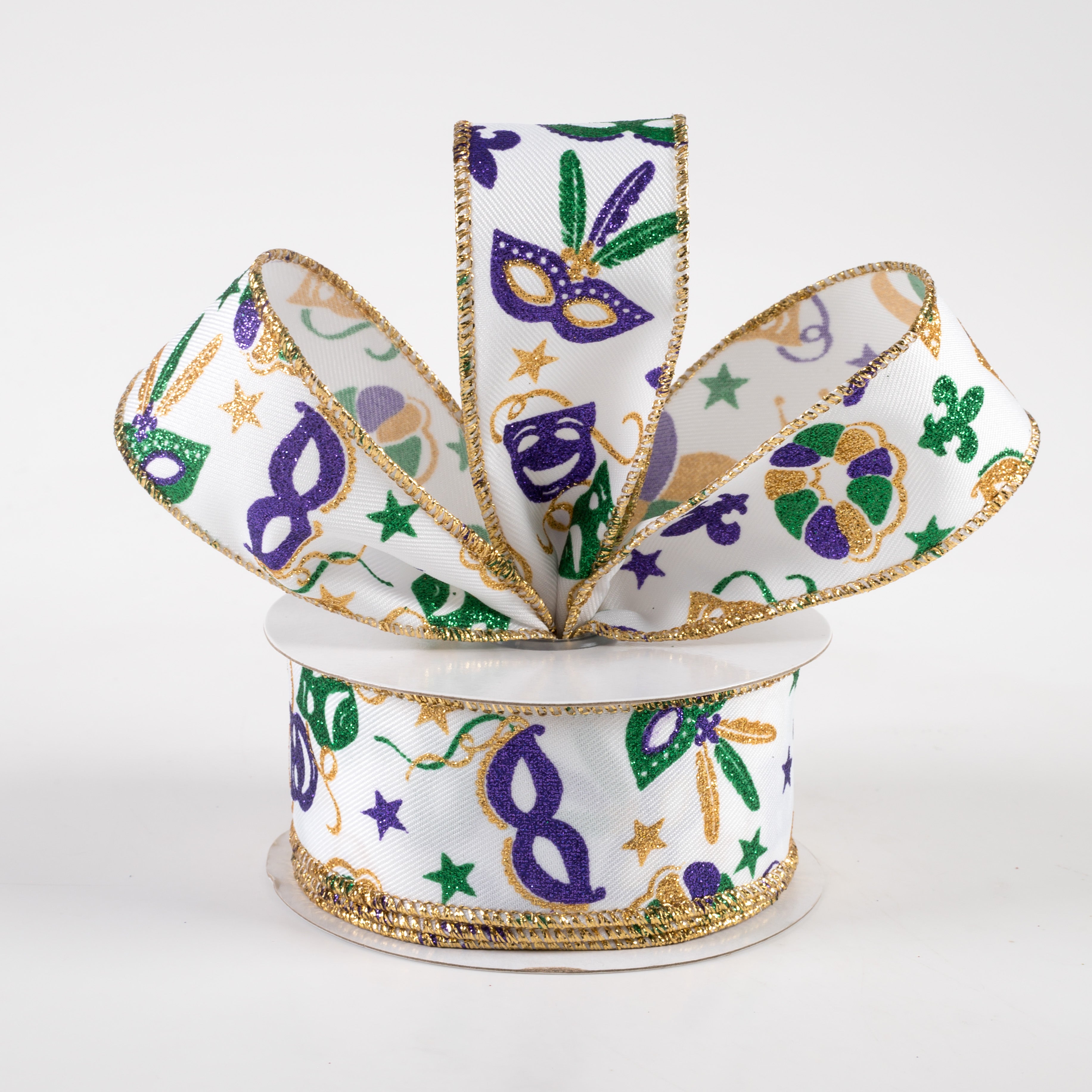 1.5" Mardi Gras Pattern Ribbon: White, Purple, Gold, Emerald (10 Yards) Lifestyle Photo