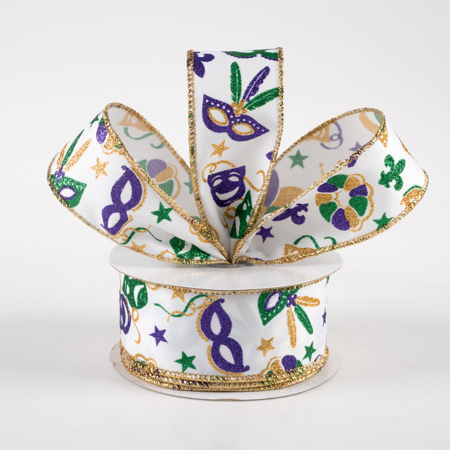 1.5" Mardi Gras Pattern Ribbon: White, Purple, Gold, Emerald (10 Yards) Lifestyle Photo