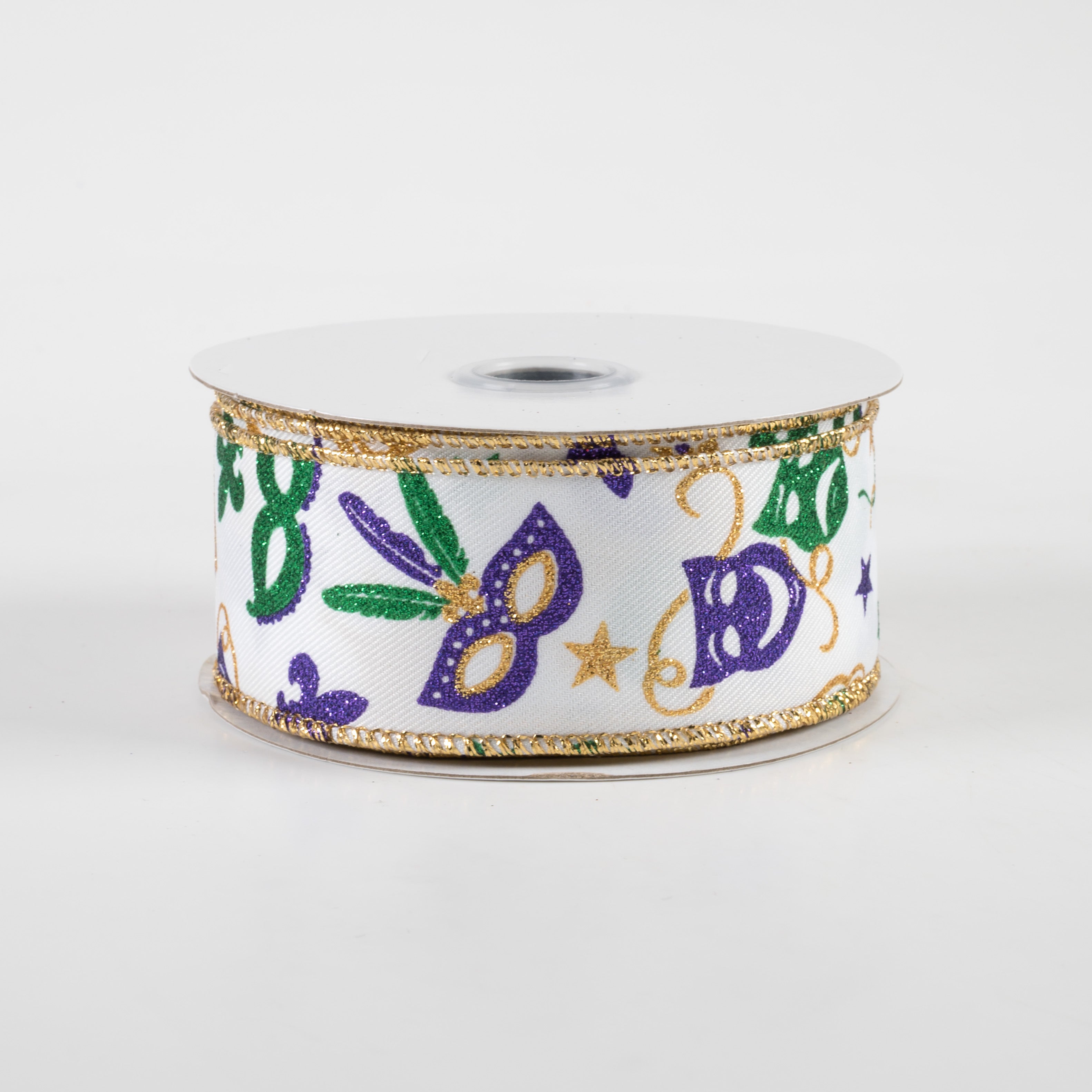 1.5" Mardi Gras Pattern Ribbon: White, Purple, Gold, Emerald (10 Yards)