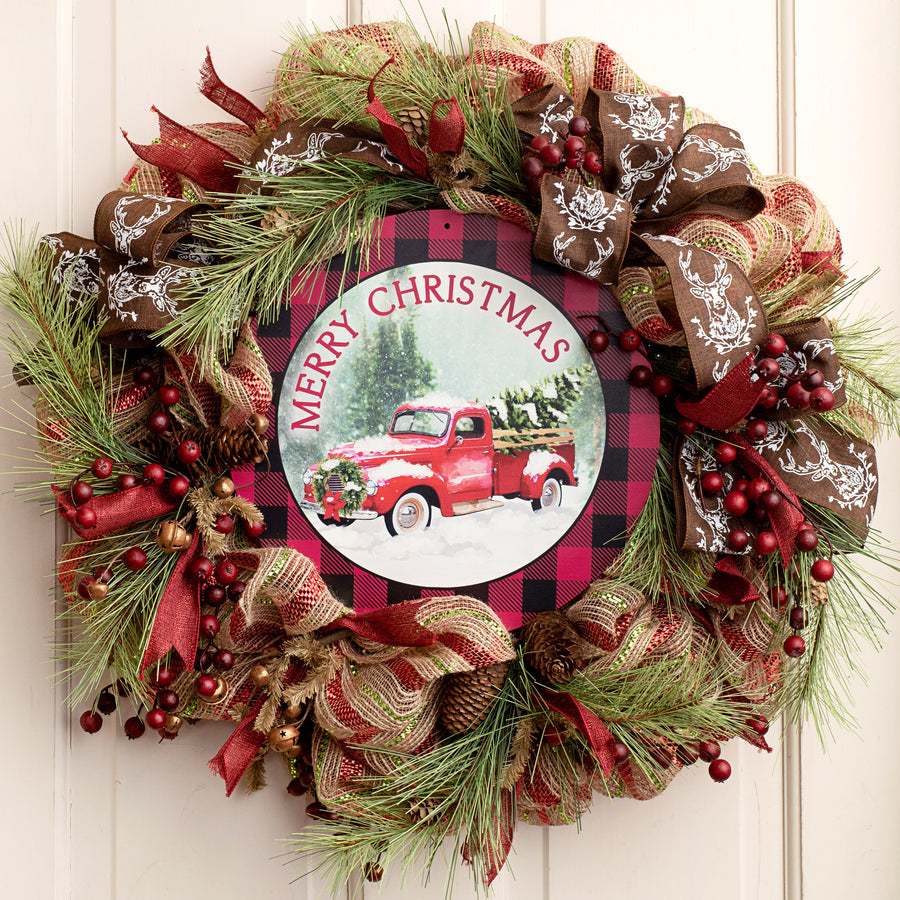 12" Metal Sign: Buffalo Plaid Merry Christmas Truck