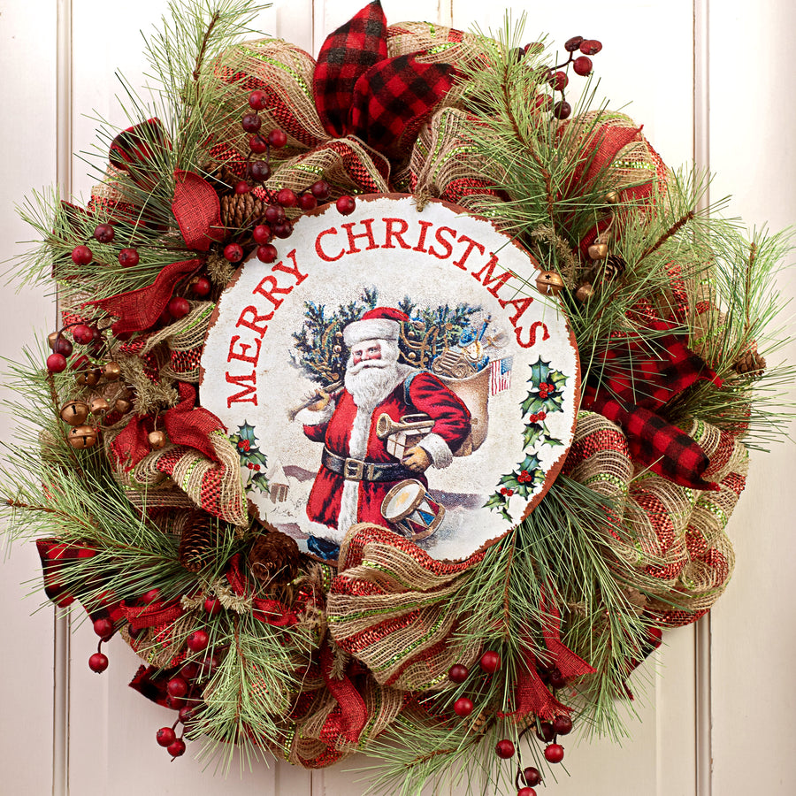 12" Metal Sign: Antique Santa With Gifts