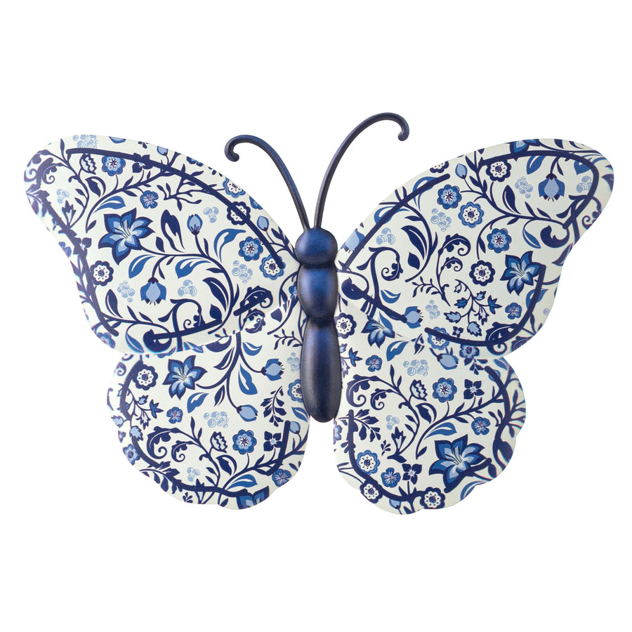 12" Embossed Metal Sign: Blue & White Chinoiserie Butterfly