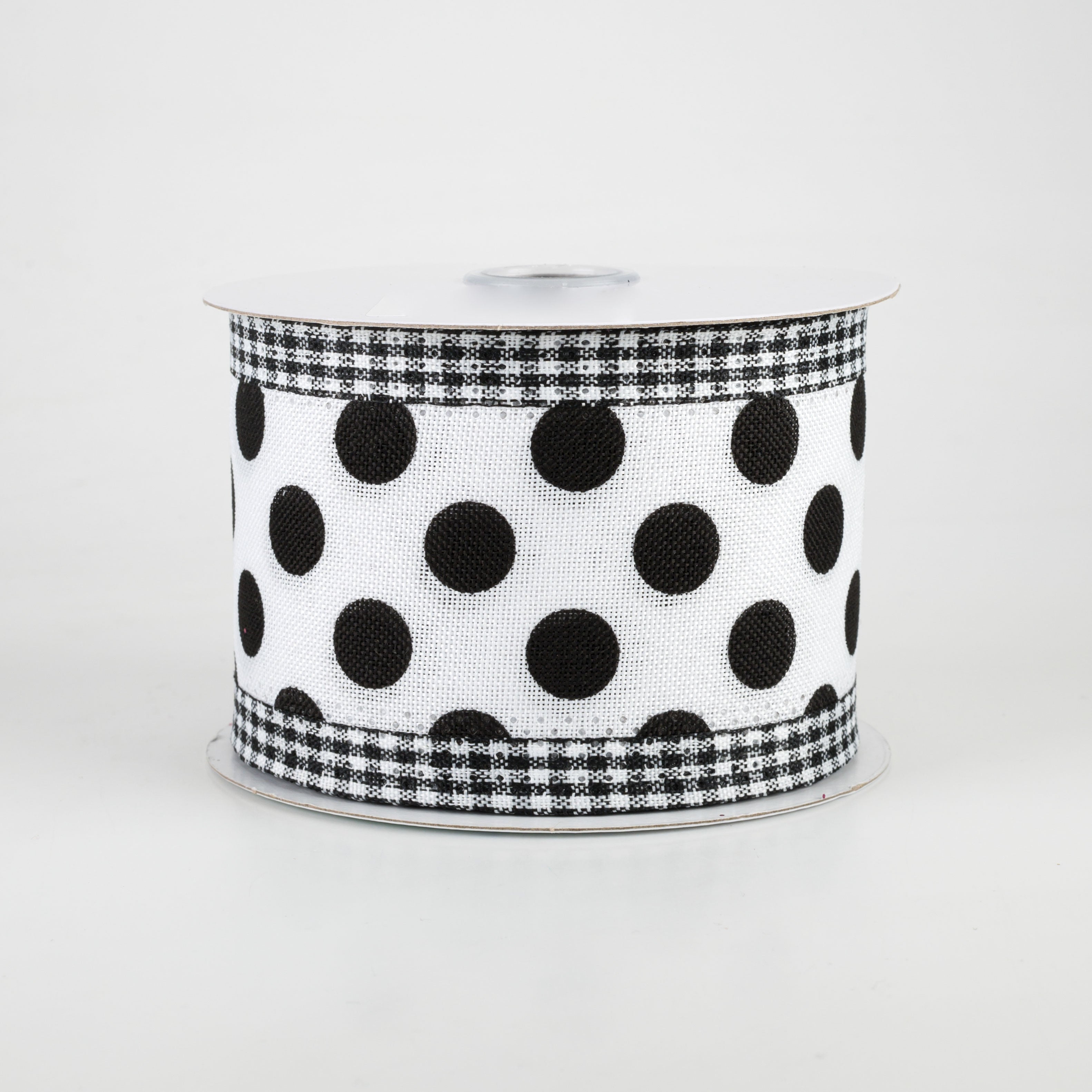 2.5" Medium Polka Dot Gingham Edge Ribbon: White & Black (10 Yards)