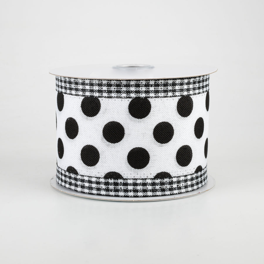 2.5" Medium Polka Dot Gingham Edge Ribbon: White & Black (10 Yards)