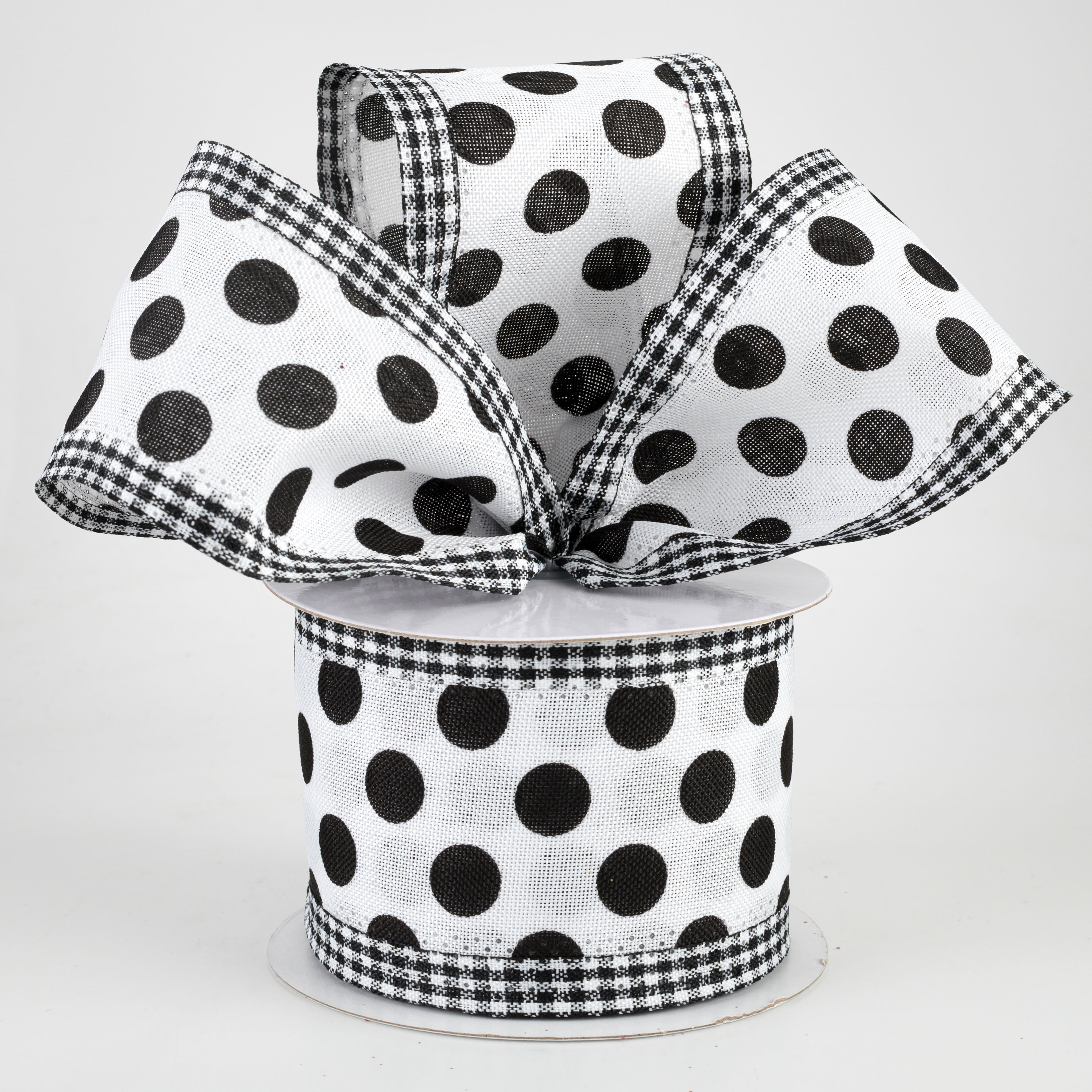 2.5" Medium Polka Dot Gingham Edge Ribbon: White & Black (10 Yards) Lifestyle Photo