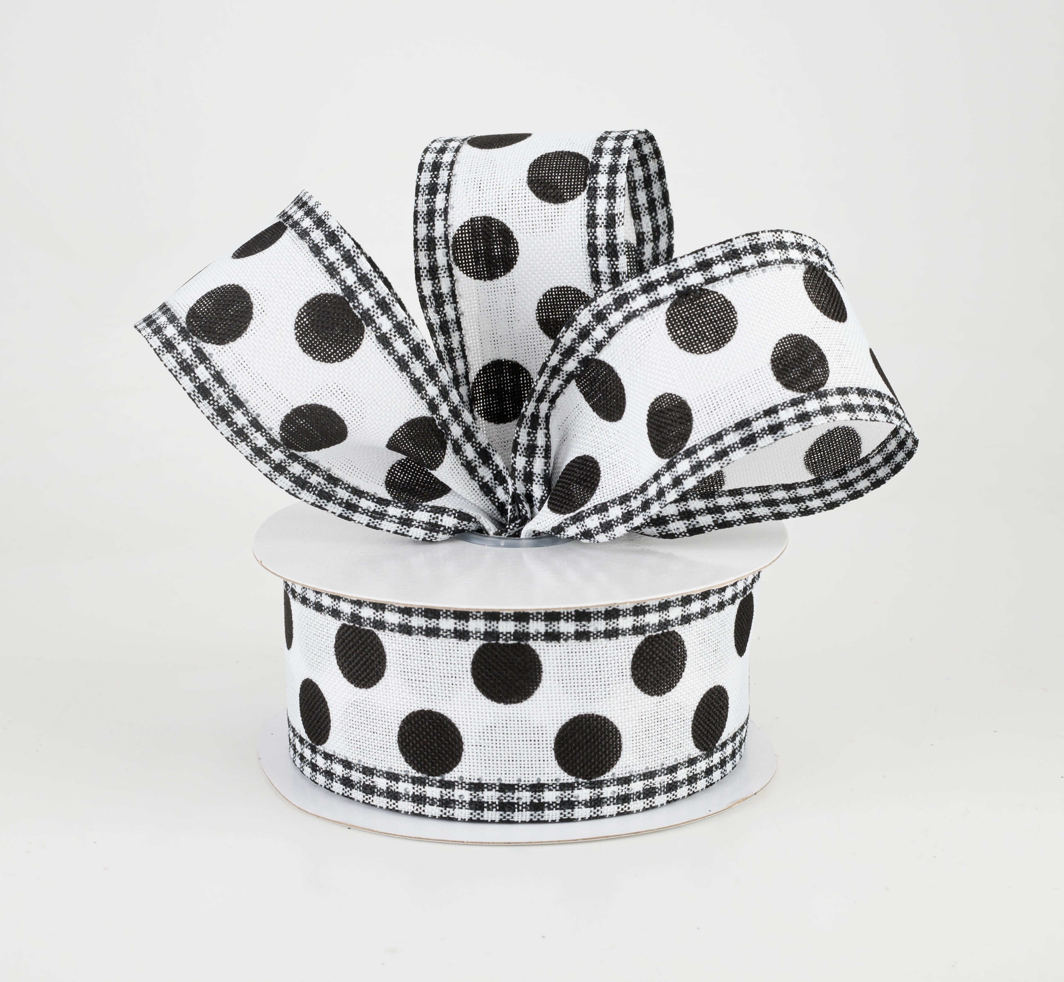 1.5" Medium Polka Dot Gingham Edge Ribbon: White & Black (10 Yards) Lifestyle Photo