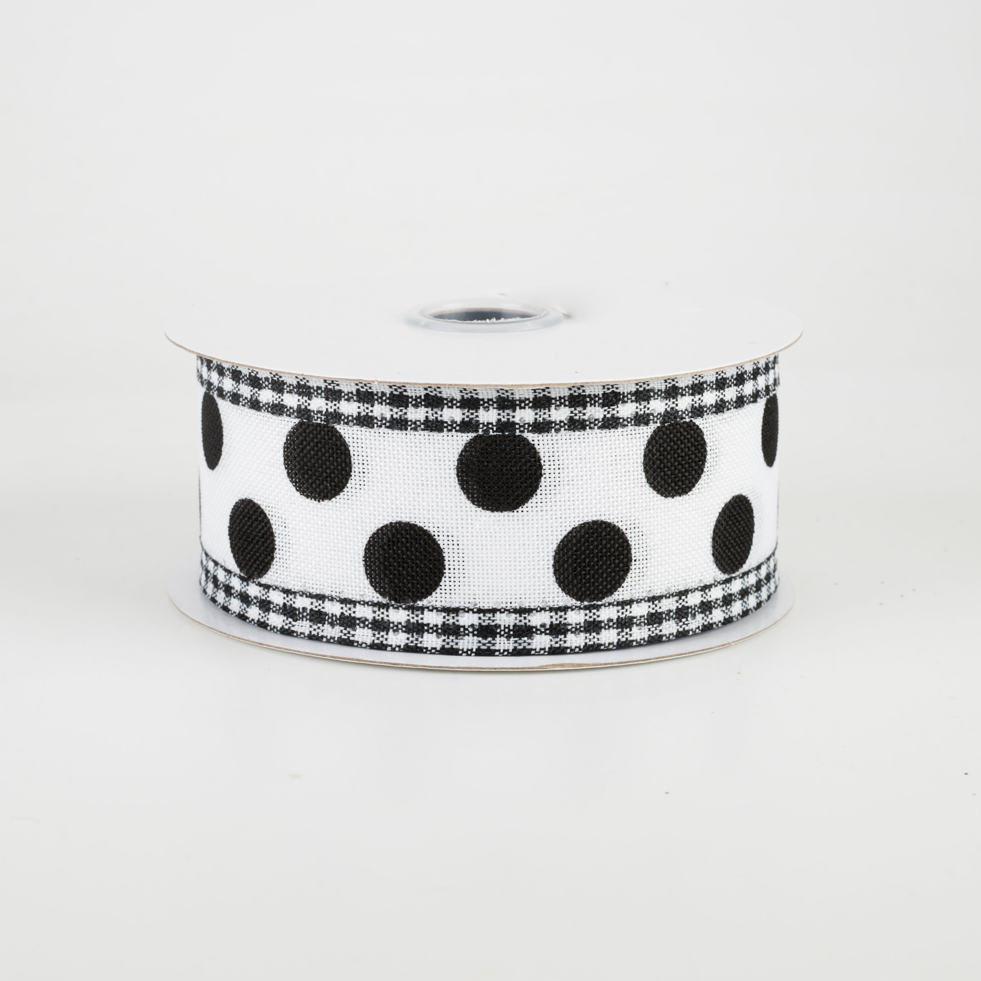 1.5" Medium Polka Dot Gingham Edge Ribbon: White & Black (10 Yards)