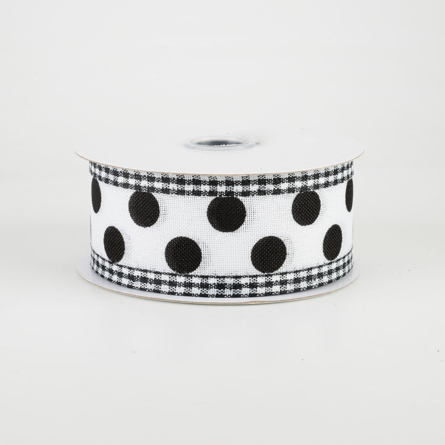 1.5" Medium Polka Dot Gingham Edge Ribbon: White & Black (10 Yards)