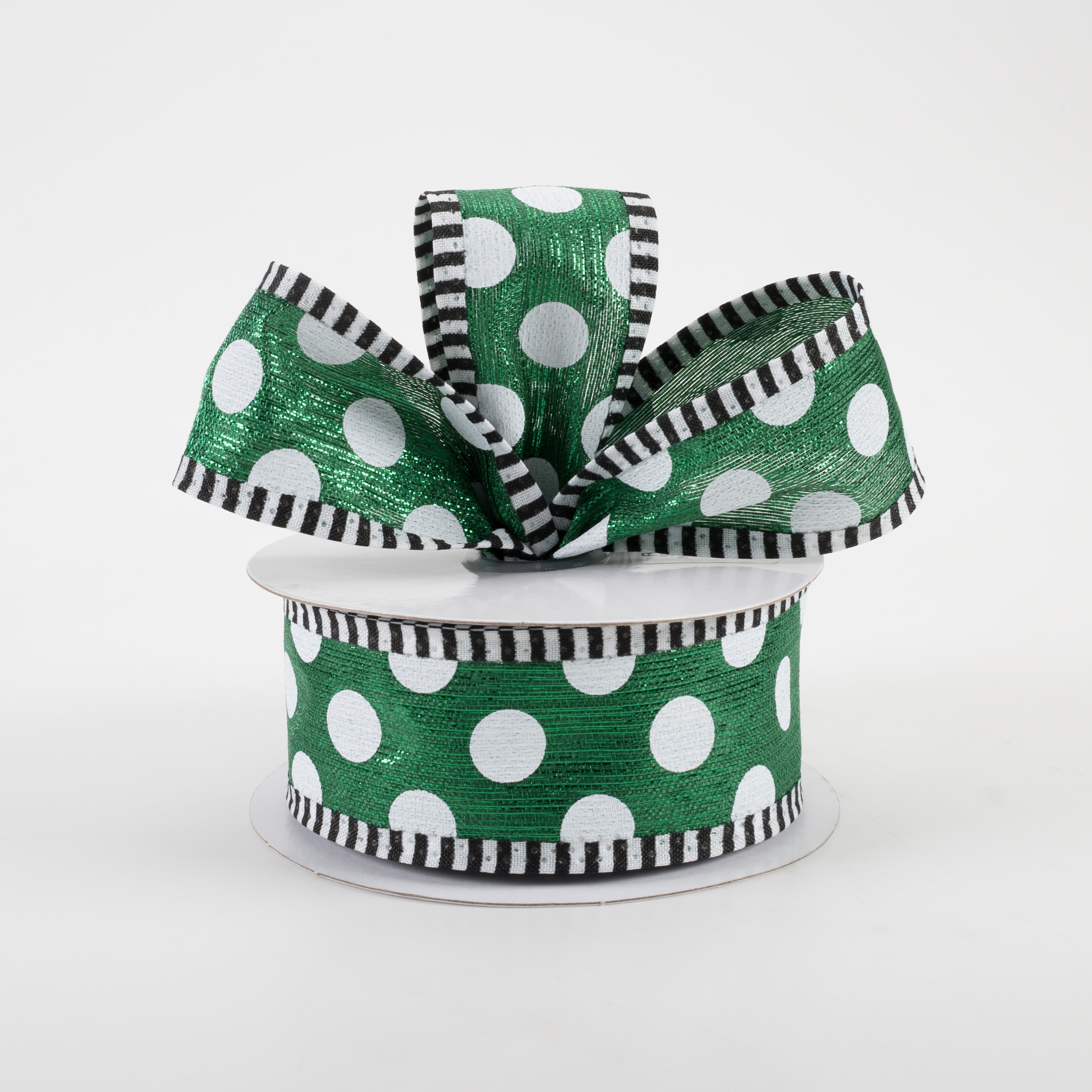1.5" Medium Polka Dot Stripe Edge Ribbon: Emerald & White (10 Yards) Lifestyle Photo