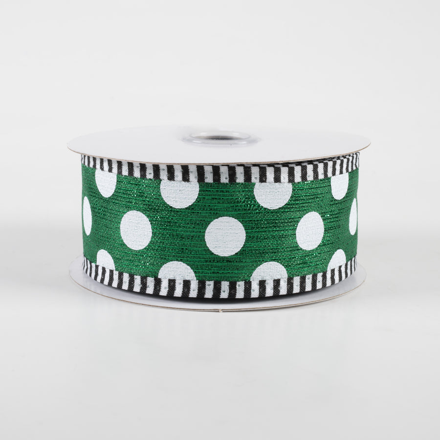 1.5" Medium Polka Dot Stripe Edge Ribbon: Emerald & White (10 Yards)