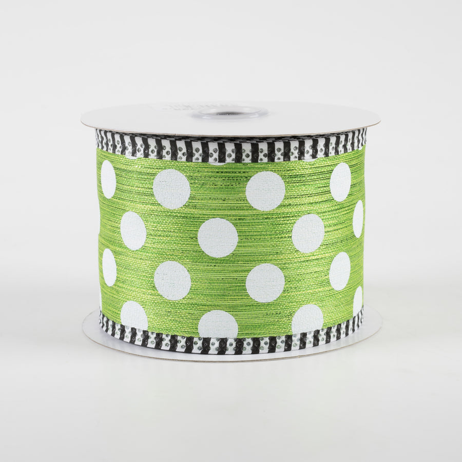 2.5" Medium Polka Dot Stripe Edge Ribbon: Lime & White (10 Yards)